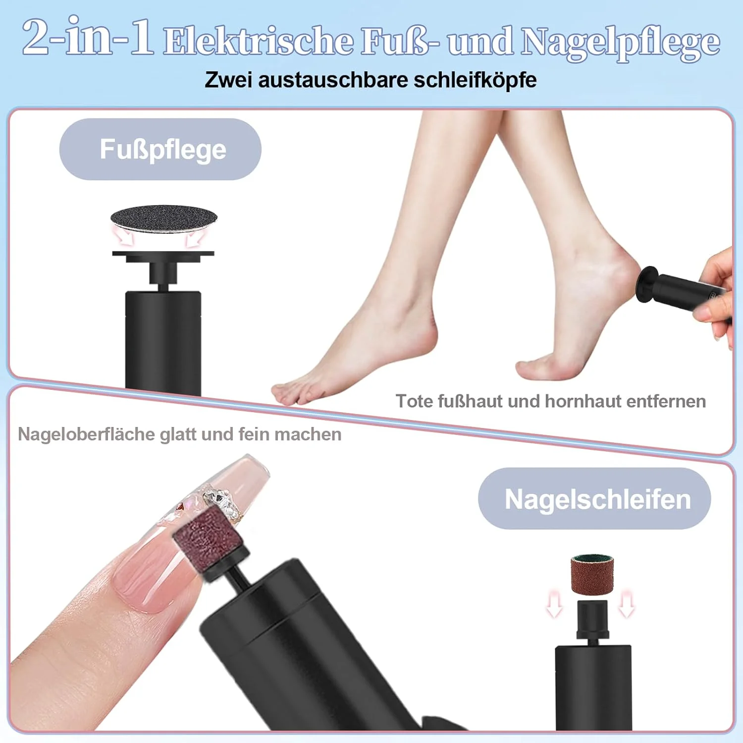 سوهان برقی پا 2 در 1 FIVAVA، سمباده حرفه ای پدیکور پا، 9 سرعت قابل تنظیم، سوهان قدرتمند پدیکور پا برای پاشنه های ترک خورده، پینه ها، پوست مرده (مشکی)