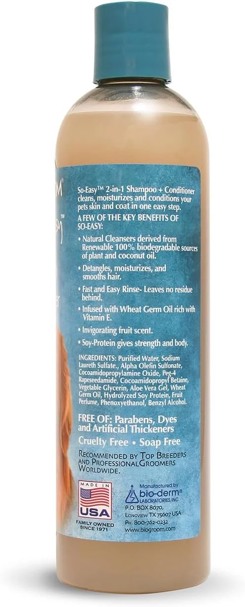 شامپو و نرم کننده دو در یک بایو-گروم سو ایزی - شامپو و نرم کننده سگ و توله سگ، باز کننده گره مو، بدون صابون، غلظت 12:1 - رایحه میوه ای با طراوت - 355 میلی لیتر شامپو و نرم کننده دو در یک بایو-گروم سو ایزی - شامپو و نرم کننده سگ و توله سگ، باز کننده گره مو، بدون صابون، غلظت 12:1 - رایحه میوه ای با طراوت - 355 میلی لیتر