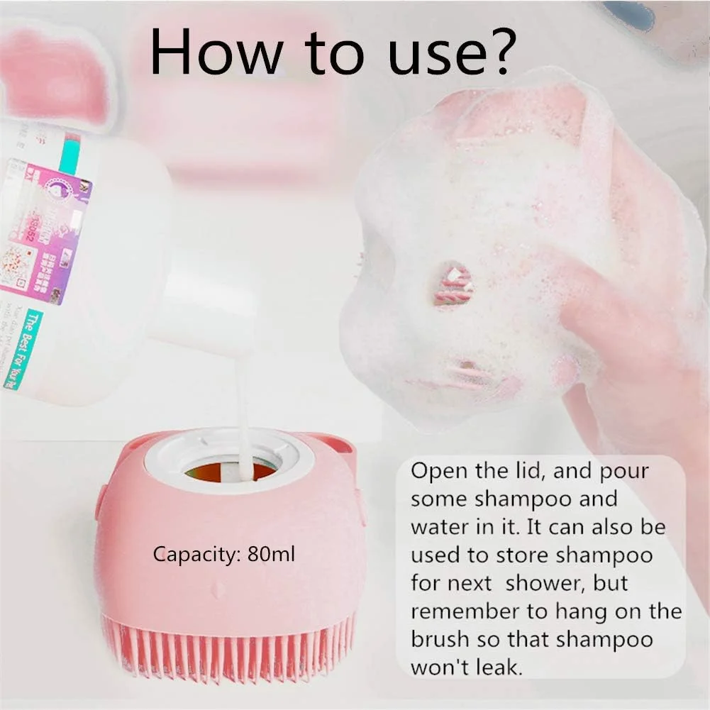 برس حمام سگ - برس ماساژ حیوانات خانگی MISTHIS با قابلیت پخش شامپو، برس سیلیکونی نرم با موهای لاستیکی برای نظافت سگ و گربه (صورتی)