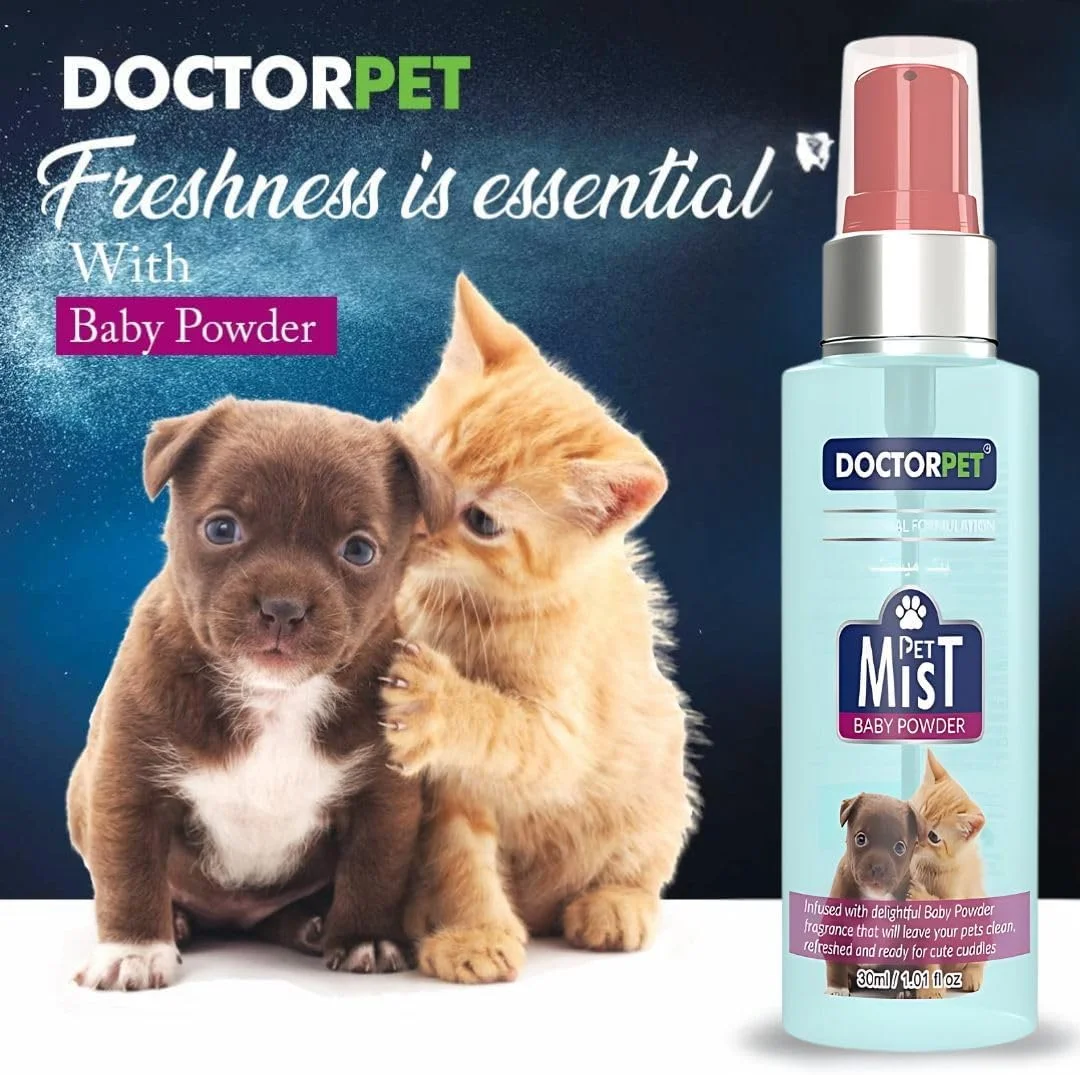 اسپری خوشبو کننده سگ و گربه با رایحه پودر بچه دکتر پت، اسپری رفع بوی بد، 30 میلی لیتر