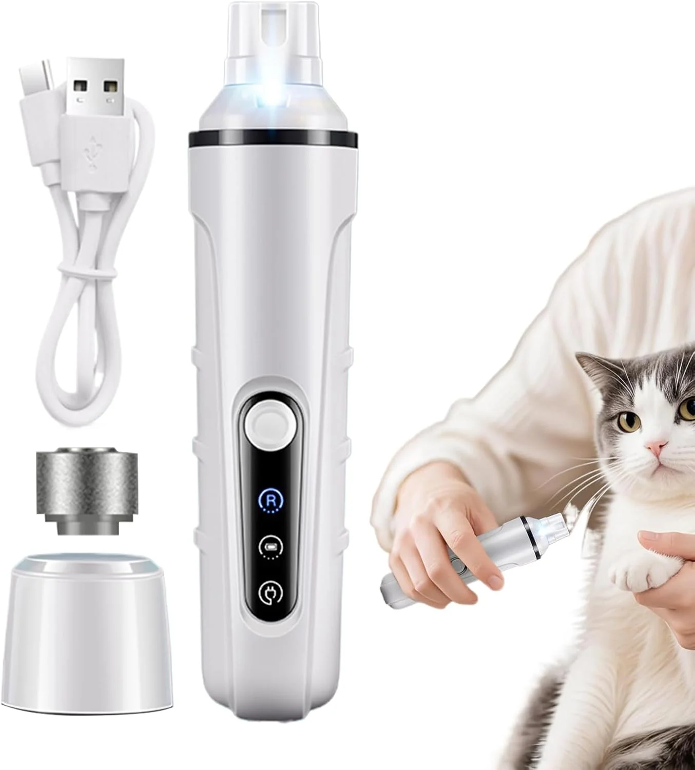 سوهان برقی ناخن سگ - دارای چراغ LED | سوهان برقی ناخن سگ قابل شارژ با سری تعویضی | مناسب برای استفاده در خانه، حمام، پناهگاه، کمپینگ، بچه گربه، توله سگ و سایر حیوانات