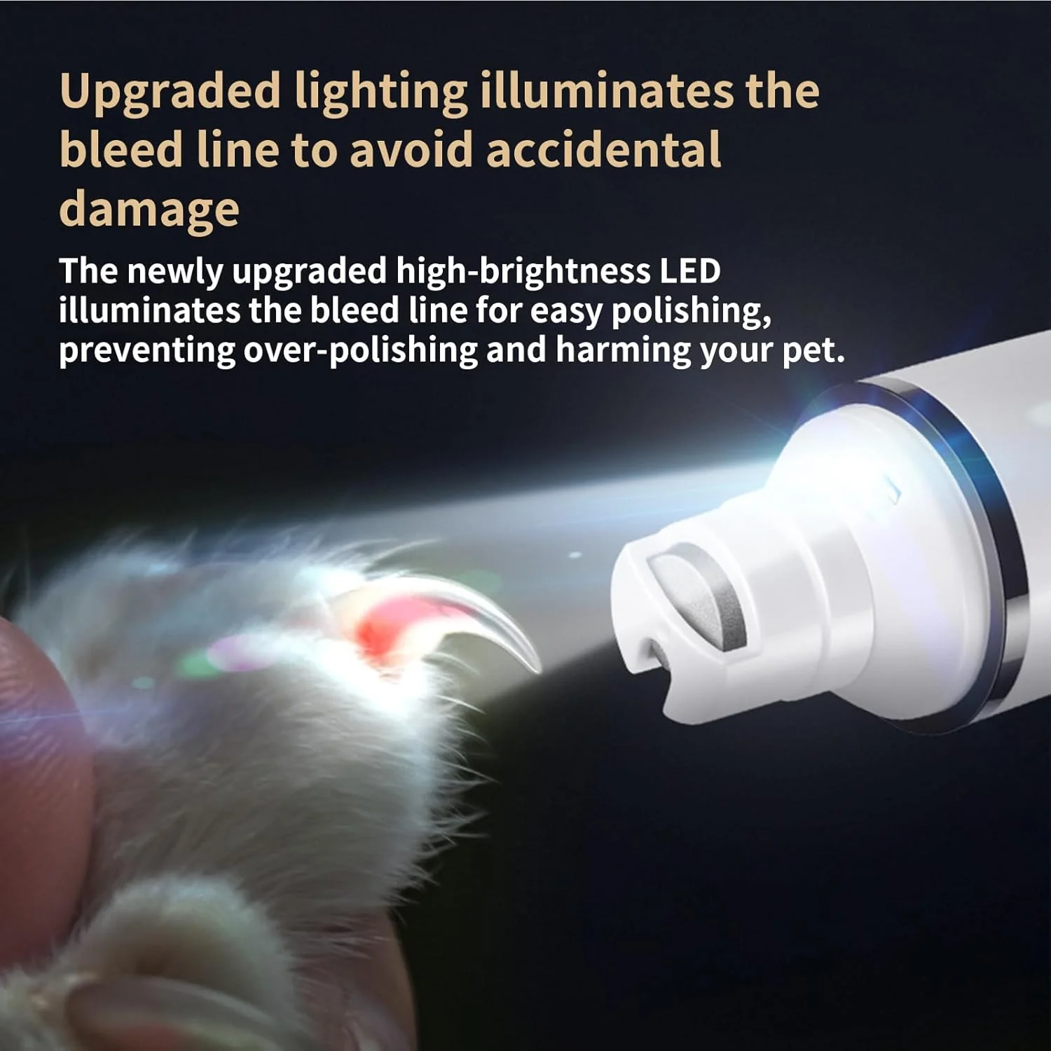 سوهان ناخن سگ - نور LED کم صدا | سوهان ناخن ضخیم سگ و گربه شارژی USB با سر تعویضی | برای حیوانات خانگی، حمام، پناهگاه، کمپینگ، بچه گربه، توله سگ