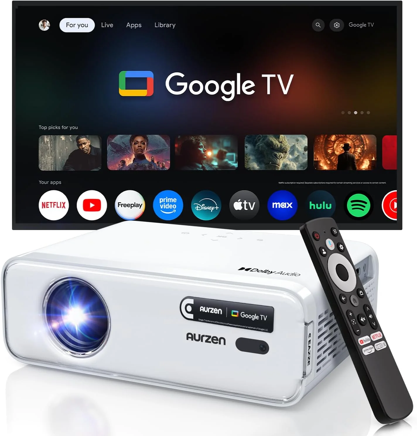 پروژکتور هوشمند Aurzen Eazze D1 GTV، پروژکتور Google TV با WiFi و بلوتوث، دارای مجوز رسمی Netflix، فوکوس خودکار و Keystone، صدای DoIby، زوم، پروژکتور قابل حمل فیلم 1080P Native برای فضای باز