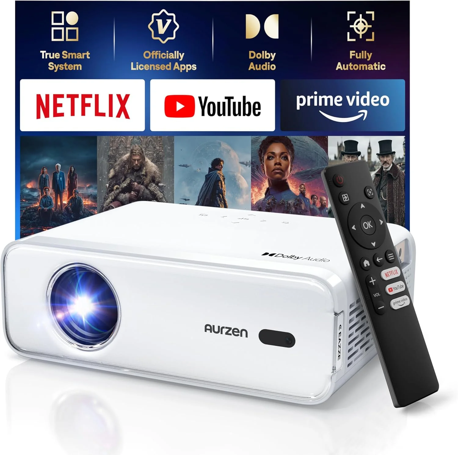 پروژکتور هوشمند Aurzen Eazze D1 با وای فای و بلوتوث، دارای مجوز رسمی نتفلیکس، فوکوس خودکار و کیستون، صدای دالبی، زوم، فیلم 1080P اصلی، پروژکتور کوچک قابل حمل برای فضای باز، سفید