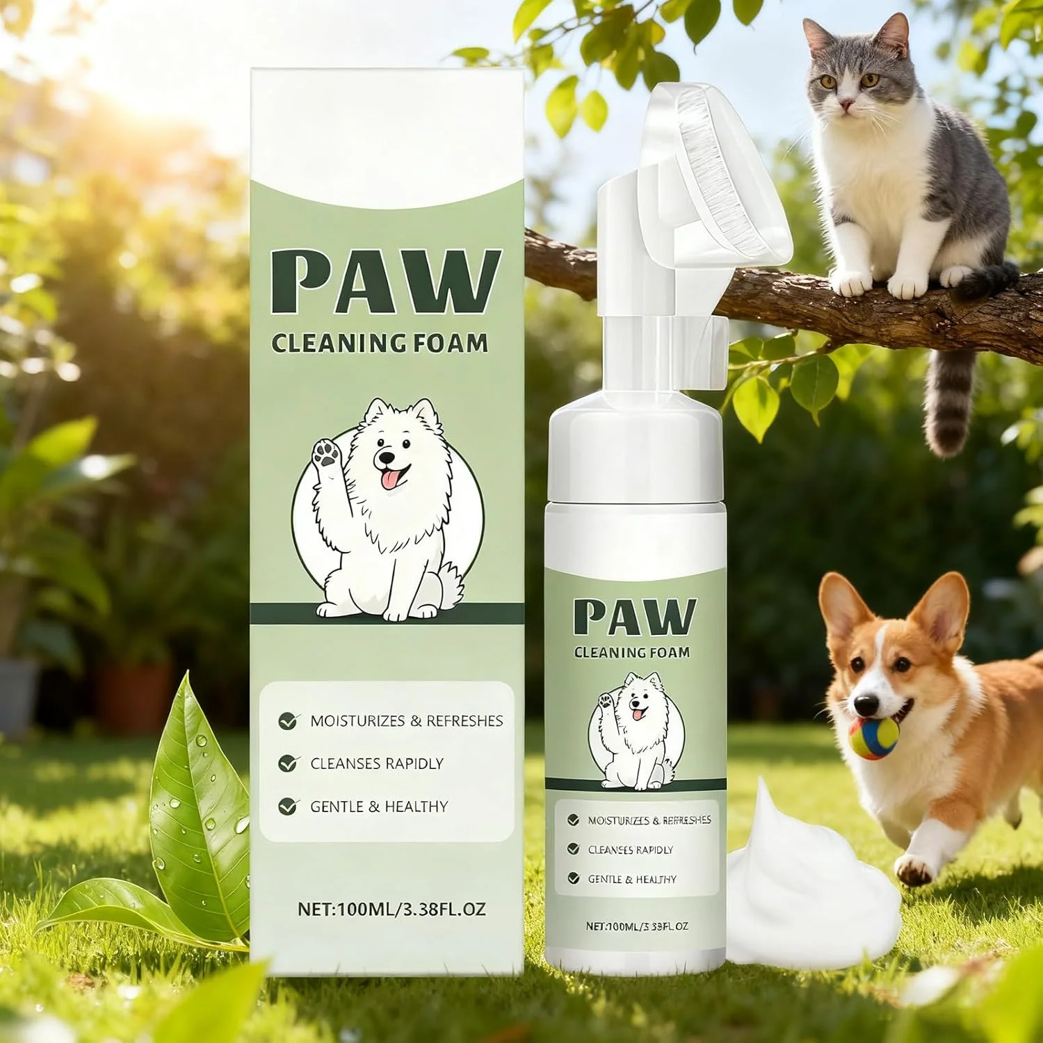 فوم تمیز کننده پنجه حیوانات خانگی، لوازم نظافت طبیعی، بطری فوم تمیز کننده پنجه گربه 100 میلی لیتری، برای توله سگ، بچه گربه، نژاد کوچک، متوسط و بزرگ، مسافرت، پیاده روی در فضای باز، حمام
