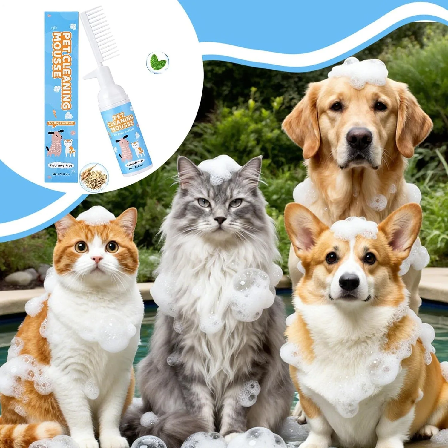 شامپو گربه، 60 میلی لیتر بدون نیاز به شستشو با برس، موس پاک کننده موی حیوانات خانگی شامپو خشک | برای نژادهای کوچک، متوسط و بزرگ، حمام، کمپینگ، پناهگاه، مسافرت، خانه