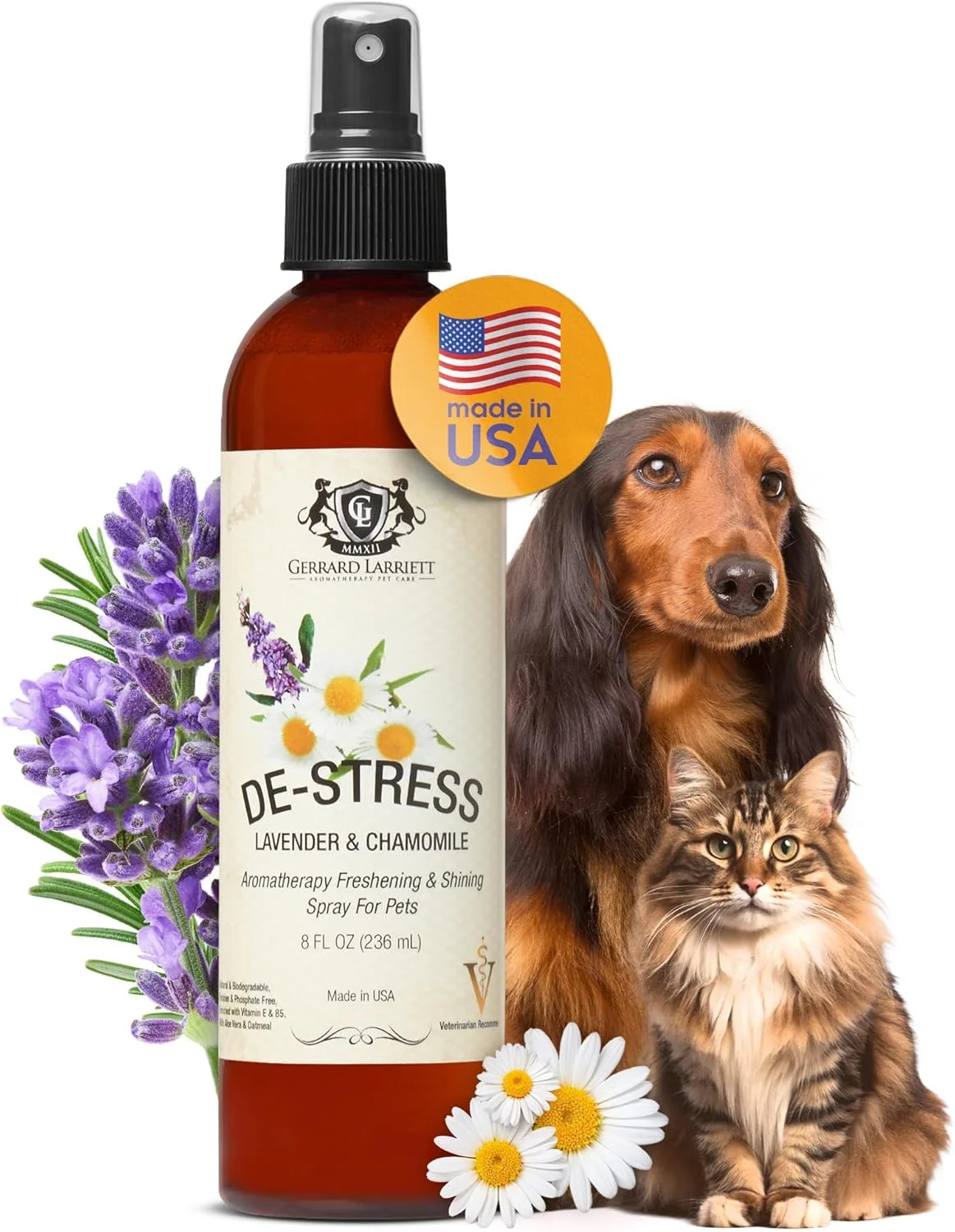 محصولات مراقبت از حیوانات خانگی با رایحه درمانی جرارد لاریت: اسپری خوشبو کننده و درخشان کننده با رایحه درمانی برای حیوانات خانگی - اسپری سگ با رایحه بابونه و اسطوخودوس - محصولات آرام بخش سگ و توله سگ - اسپری آرام بخش سگ - 240 میلی لیتر