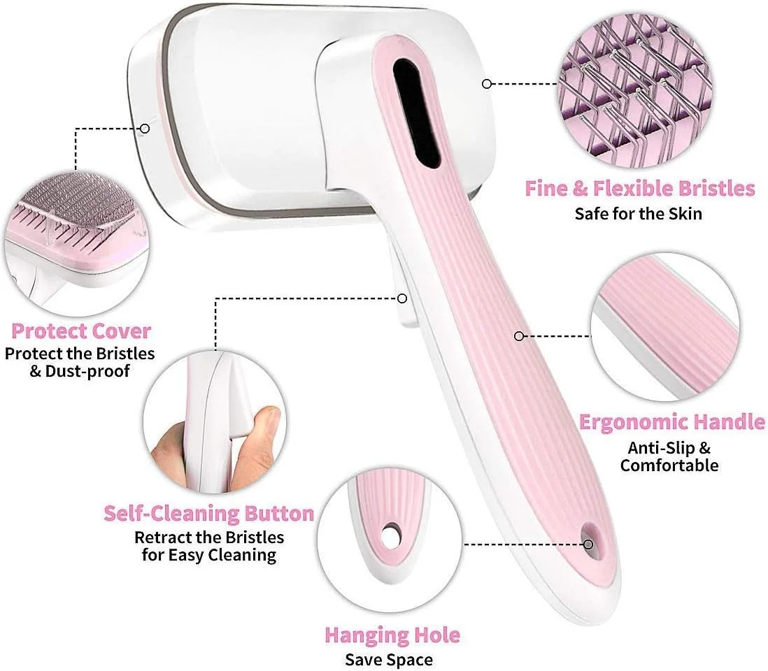 برس گربه L'cattie، ابزار نظافت و آراستگی سگ و گربه با قابلیت تمیز شوندگی خودکار، یک دکمه برای تمیز کردن خودکار موهای بلند و کوتاه (صورتی)