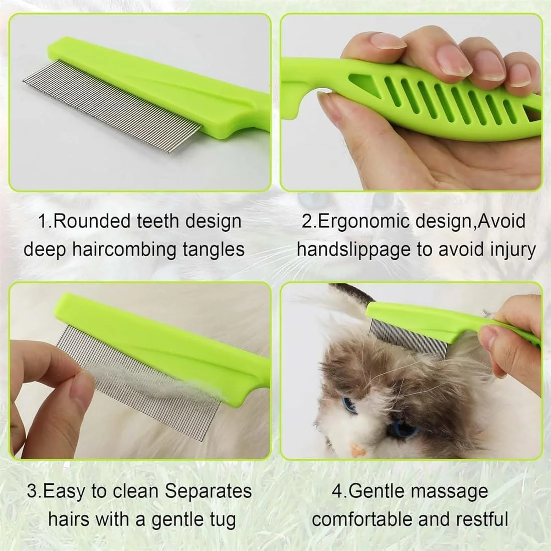 KWSLIN بسته 2 عددی شانه موی حیوانات خانگی برای رفع لکه اشک، شانه شپش سگ و گربه، برس کک برای گربه ها، شانه ماساژ دو طرفه استیل برای رفع گره، پوسته پوسته، موهای شناور، گره خوردگی و کک، سبز