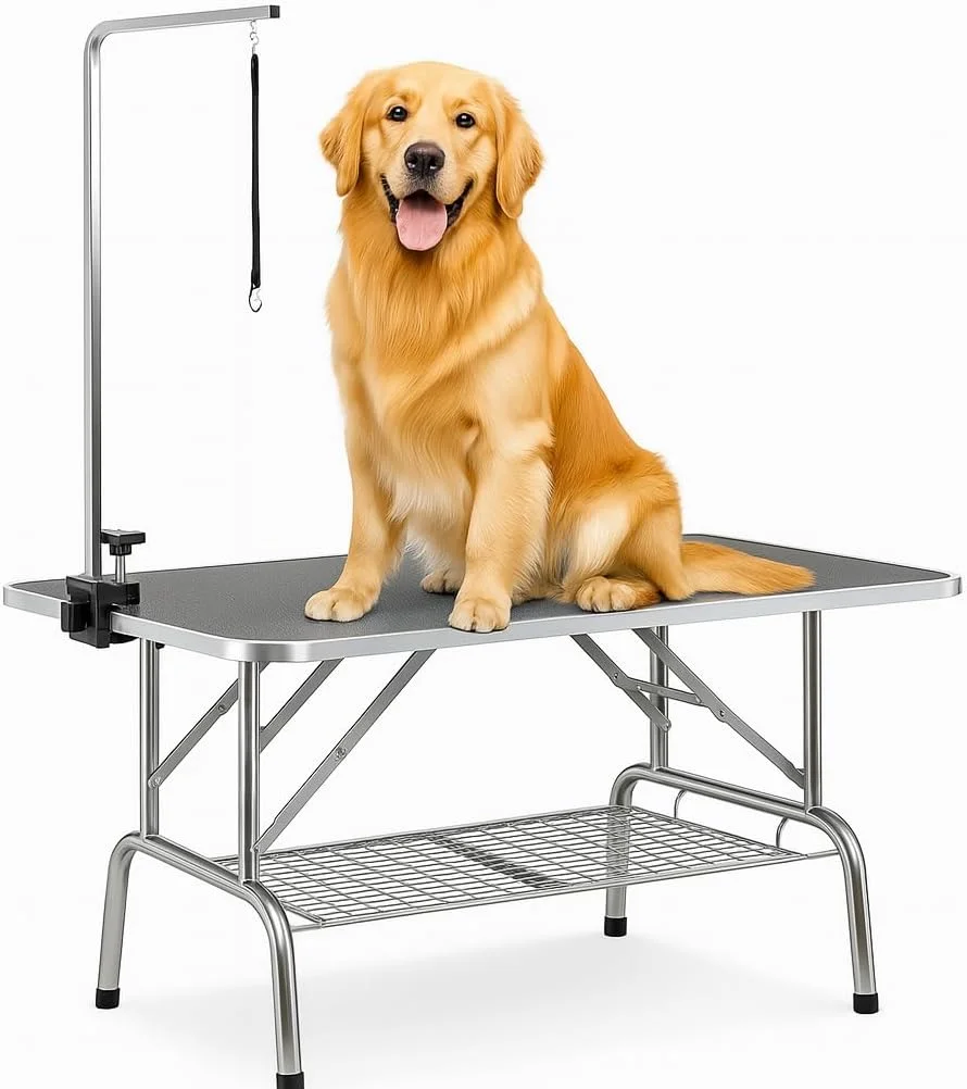 میز آرایش حیوانات خانگی - میز آرایش سگ و گربه سنگین، با قابلیت تنظیم ارتفاع، طراحی تاشو، قفسه نگهداری و سطح ضد آب، ایده آل برای حمام و آرایش، 184 سانتی متر (مشکی)