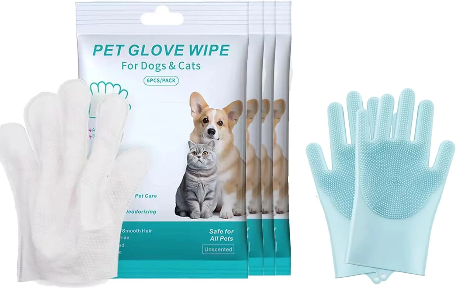 ست دستکش نظافت حیوانات خانگی و دستمال مرطوب – دستمال مرطوب حمام بدون نیاز به آبکشی Azonee، بسته 18 عددی، برای سگ و گربه، تمیز کننده، خوشبو کننده و مغذی، دستکش خز برای مراقبت روزانه و مسافرت (3 بسته دستمال مرطوب + 1 جفت دستکش)