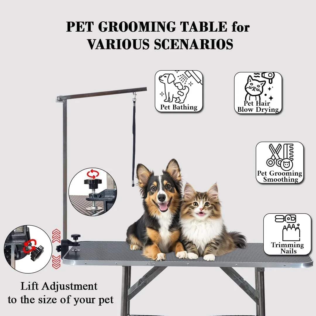 میز آرایش حیوانات خانگی - میز آرایش سگ و گربه سنگین، با قابلیت تنظیم ارتفاع، طراحی تاشو، قفسه نگهداری و سطح ضد آب، ایده آل برای حمام و آرایش، 184 سانتی متر (مشکی)
