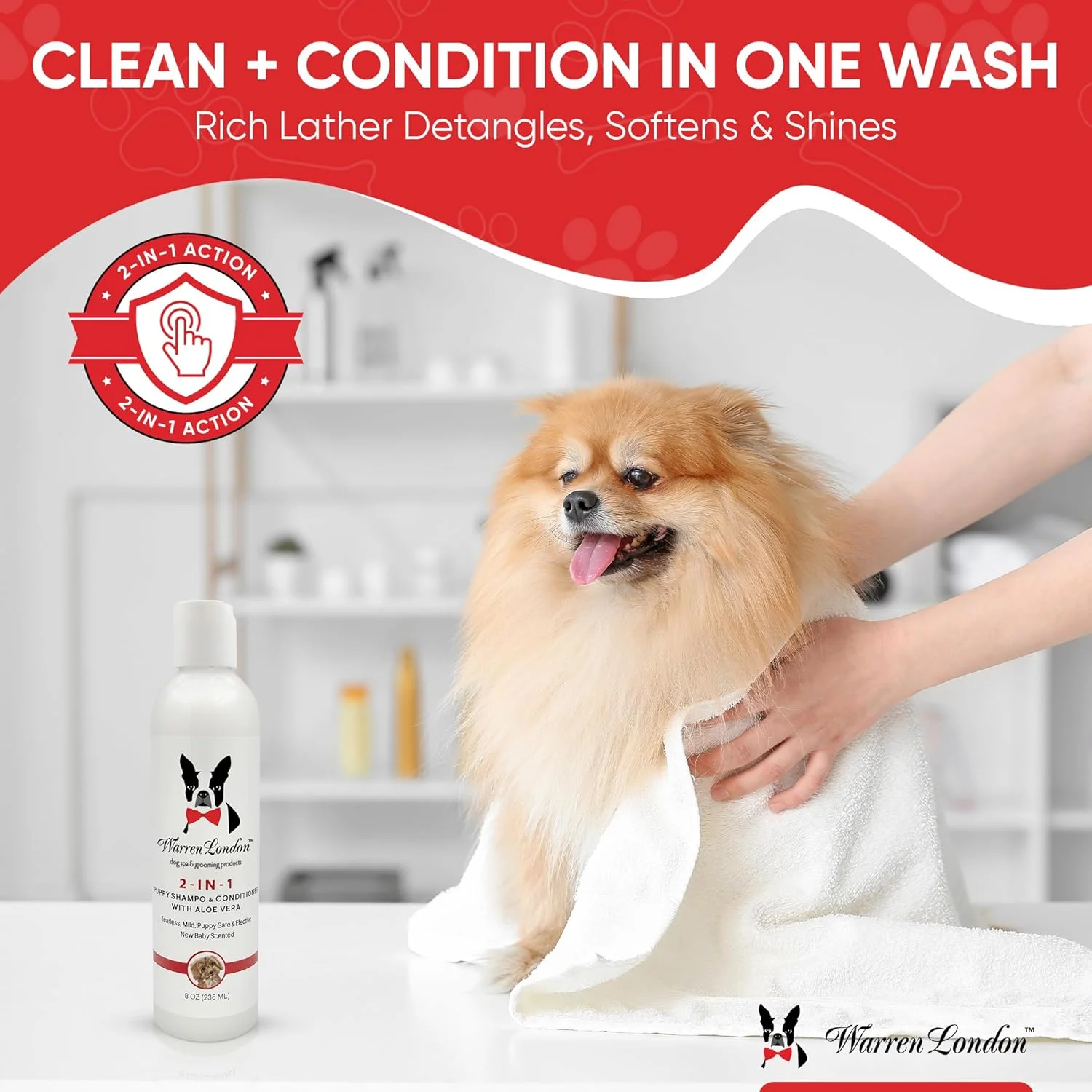 Warren London 2in1 Puppy Shampoo & Conditioner – Tearless Pet Shampoo for Puppies & Cats – Made in USA - 8oz Warren London 2in1 Puppy Shampoo & Conditioner – Tearless Pet Shampoo for Puppies & Cats – Made in USA - 8oz