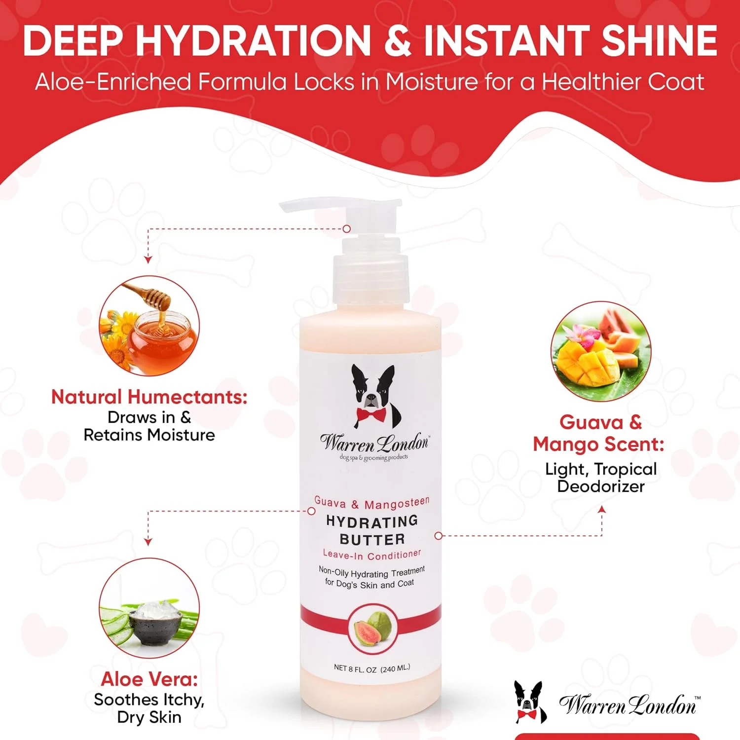 وارن لندن - کره آبرسان و نرم کننده مو برای پوست و موی سگ، گواوا و منگوستین - 240 میلی لیتر
