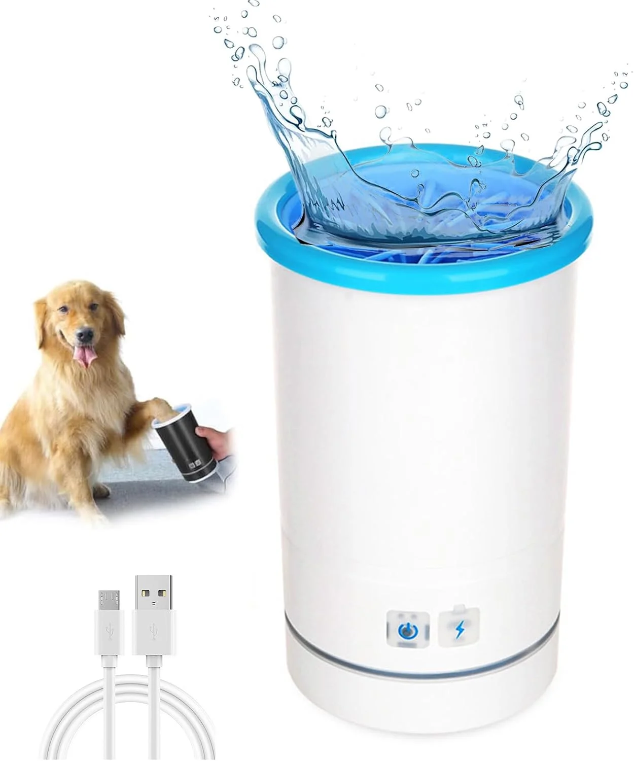 دستگاه تمیز کننده خودکار پای سگ Zunate، دستگاه شستشوی برقی نرم فنجانی قابل حمل با USB، دستگاه تمیز کننده پای سگ برای سگ ها و گربه های کوچک تا متوسط (سفید آبی)