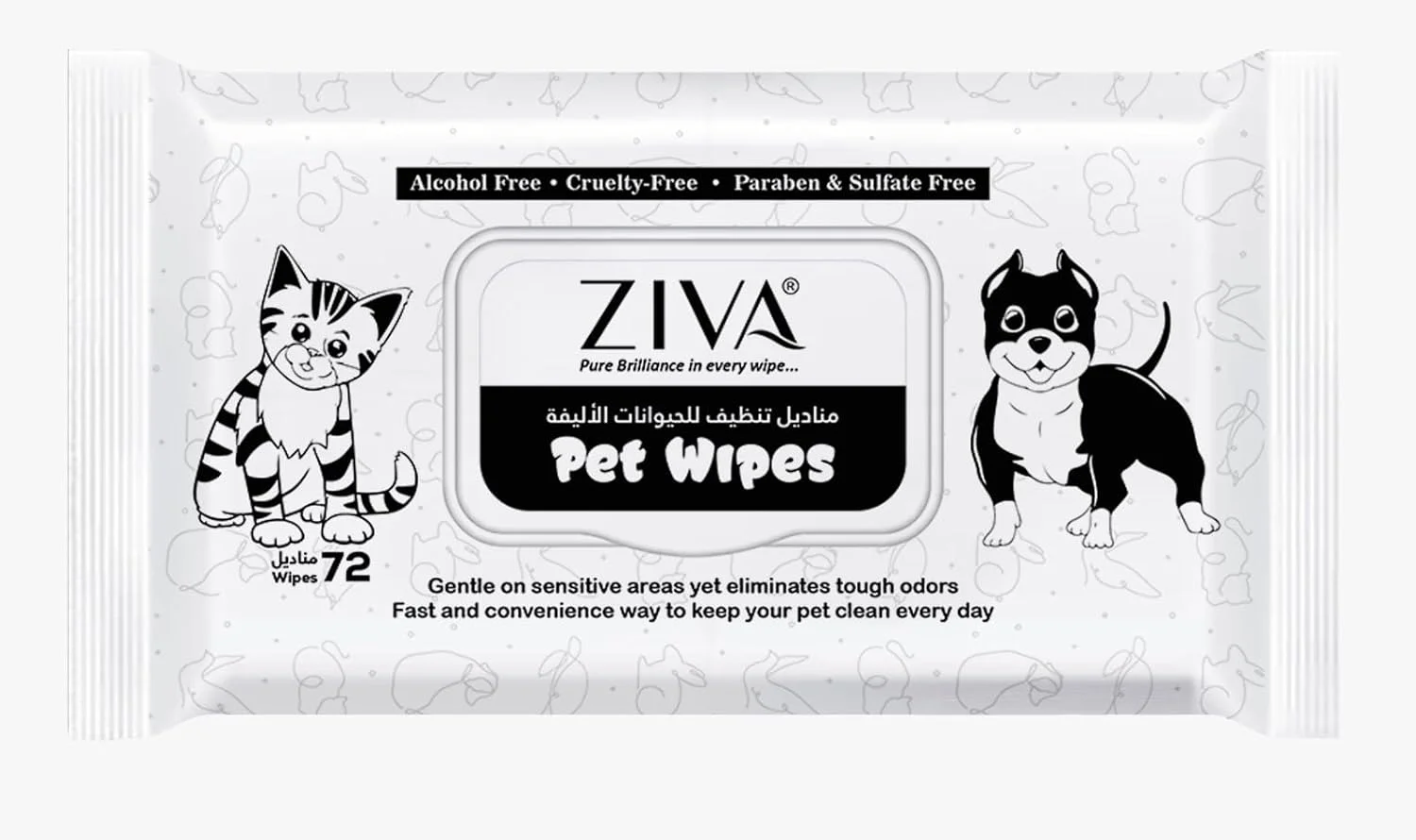 دستمال مرطوب حیوانات خانگی زیوا برای سگ و گربه - 72 عدد | فاقد الکل، 97% بر پایه آب، حاوی آلوئه ورا و عصاره چریش | بسیار ضخیم، خوشبو کننده، ایمن برای پنجه، خز و مناطق حساس