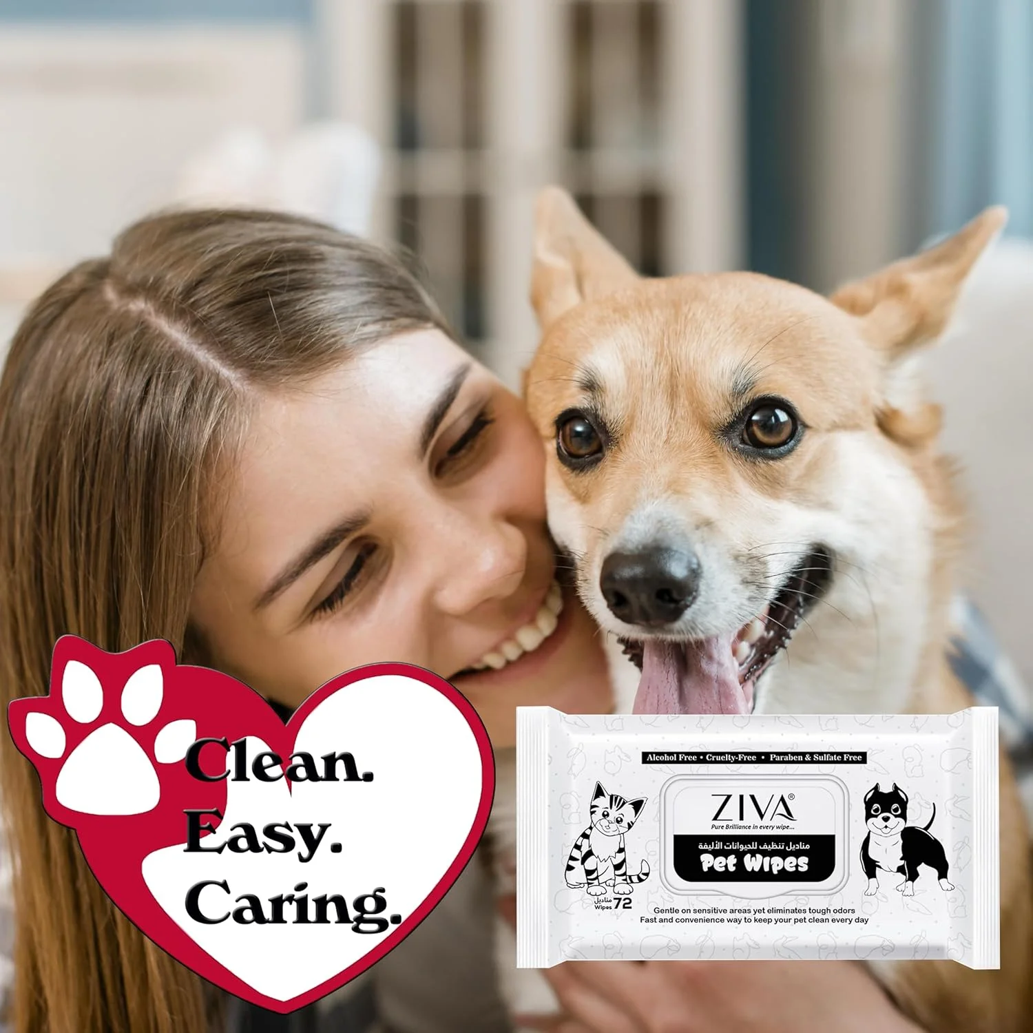 دستمال مرطوب حیوانات خانگی زیوا برای سگ و گربه - 72 عدد | فاقد الکل، 97% بر پایه آب، حاوی آلوئه ورا و عصاره چریش | بسیار ضخیم، خوشبو کننده، ایمن برای پنجه، خز و مناطق حساس