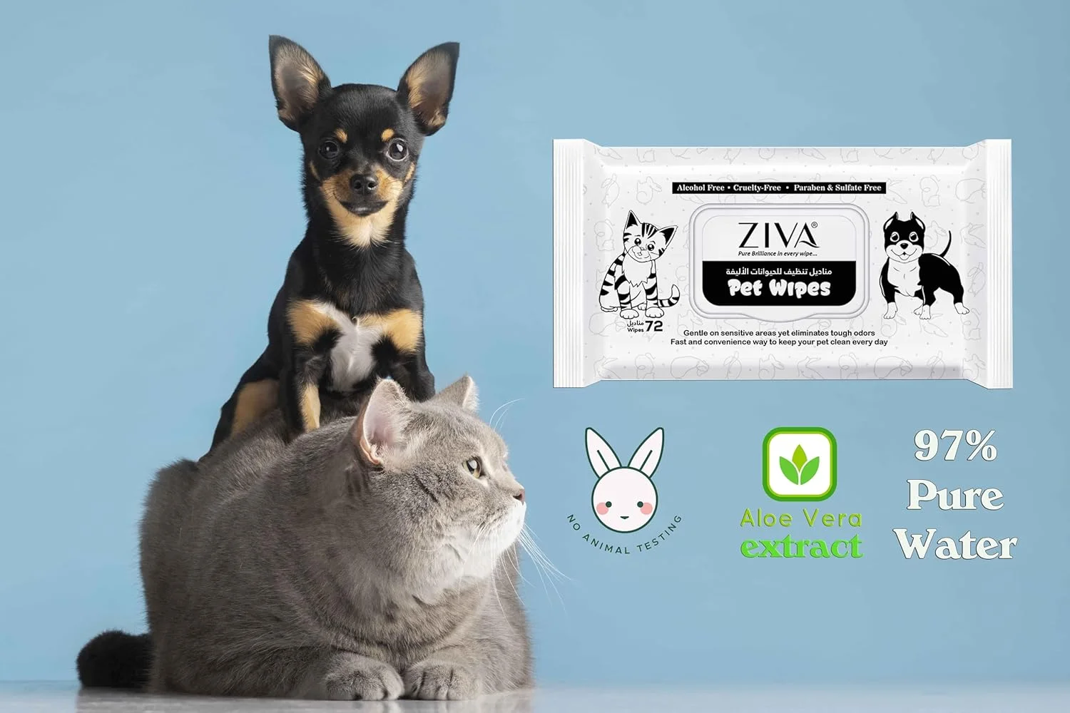 دستمال مرطوب حیوانات خانگی زیوا برای سگ و گربه - 72 عدد | فاقد الکل، 97% بر پایه آب، حاوی آلوئه ورا و عصاره چریش | بسیار ضخیم، خوشبو کننده، ایمن برای پنجه، خز و مناطق حساس