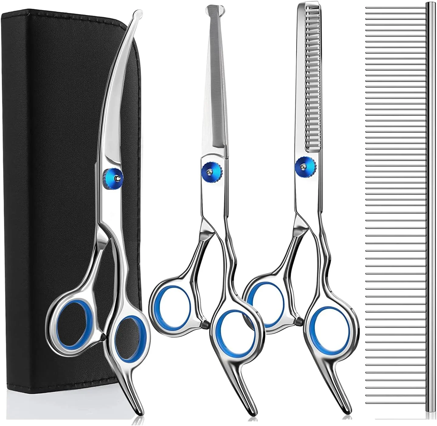 ست قیچی آرایشگری سگ YONGERN، 3 عددی، با نوک گرد ایمن، قیچی های اصلاح منحنی رو به بالا از جنس استیل ضد زنگ، قیچی های برش و نازک کننده به همراه شانه آرایشگری حیوانات خانگی برای سگ ها و گربه ها