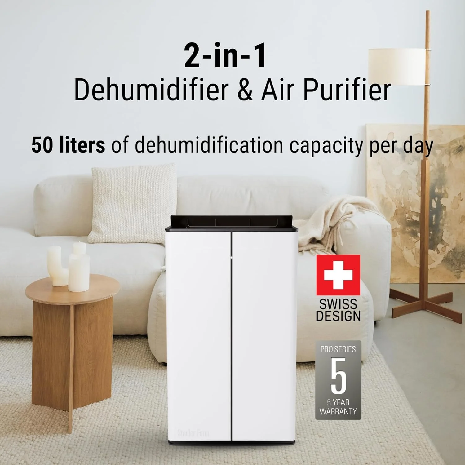 دستگاه رطوبت گیر و تصفیه کننده هوا استادلر فرم لوکاس پرو، عملکرد رطوبت زدایی 50 لیتر در 24 ساعت، برای اتاق های بزرگ تا 175 متر مربع، زیرزمین، حالت تصفیه هوا، فیلتر HEPA، وای فای، بی صدا، الکتریکی