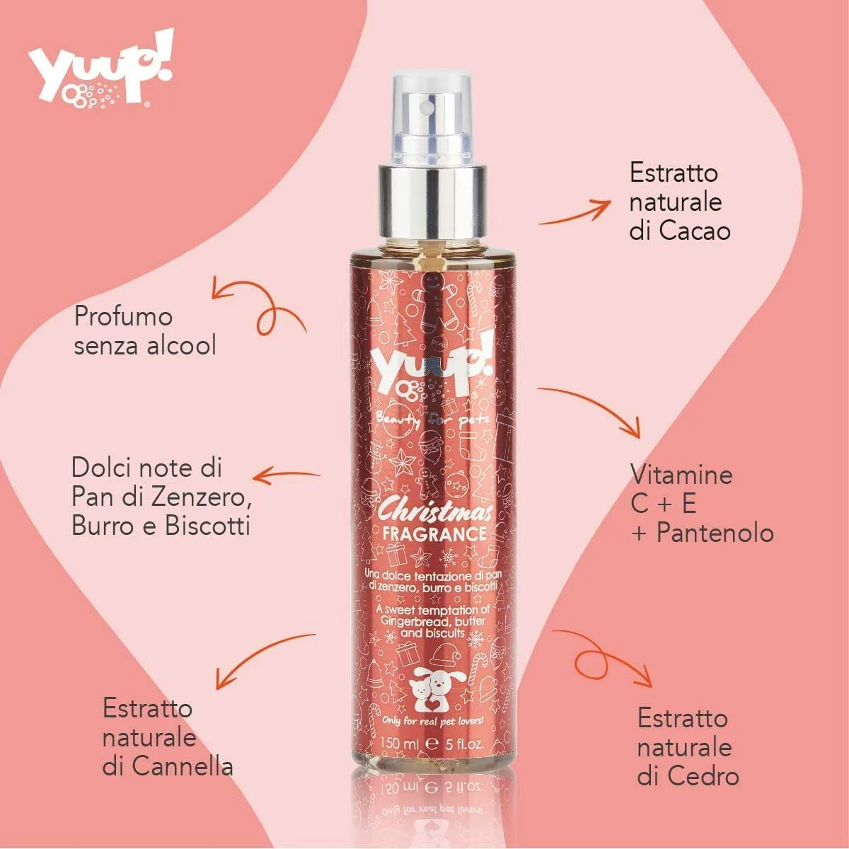 یوپ! - عطر سگ و گربه کریسمس 150 میلی لیتر، اسپری مو بدون الکل برای سگ و گربه، ماندگاری طولانی با رایحه زنجبیلی، کره و بیسکویت
