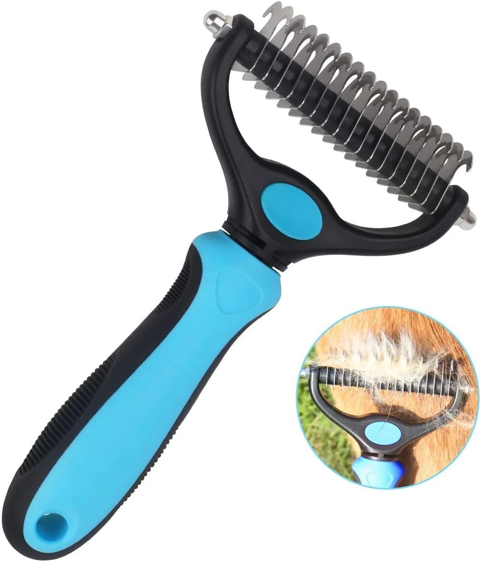 شانه گره باز کن و برس موی حیوانات خانگی YueLang، شانه سگ و گربه برای از بین بردن موهای زیرین (آبی)، سایز متوسط