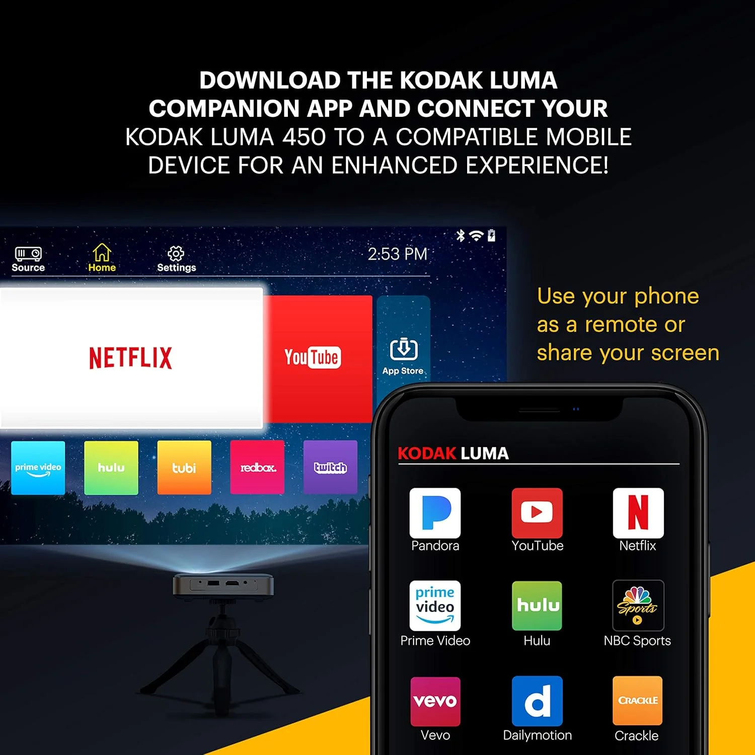 پروژکتور هوشمند قابل حمل فول اچ دی کوداک Luma 450 | وای فای، بلوتوث، HDMI و USB سازگار، سیستم سینمای خانگی کوچک تا 150 اینچ | رزولوشن اصلی 1080p (4K)، 200 لومن | شامل سه پایه پروژکتور هوشمند قابل حمل فول اچ دی کوداک Luma 450 | وای فای، بلوتوث، HDMI و USB سازگار، سیستم سینمای خانگی کوچک تا 150 اینچ | رزولوشن اصلی 1080p (4K)، 200 لومن | شامل سه پایه