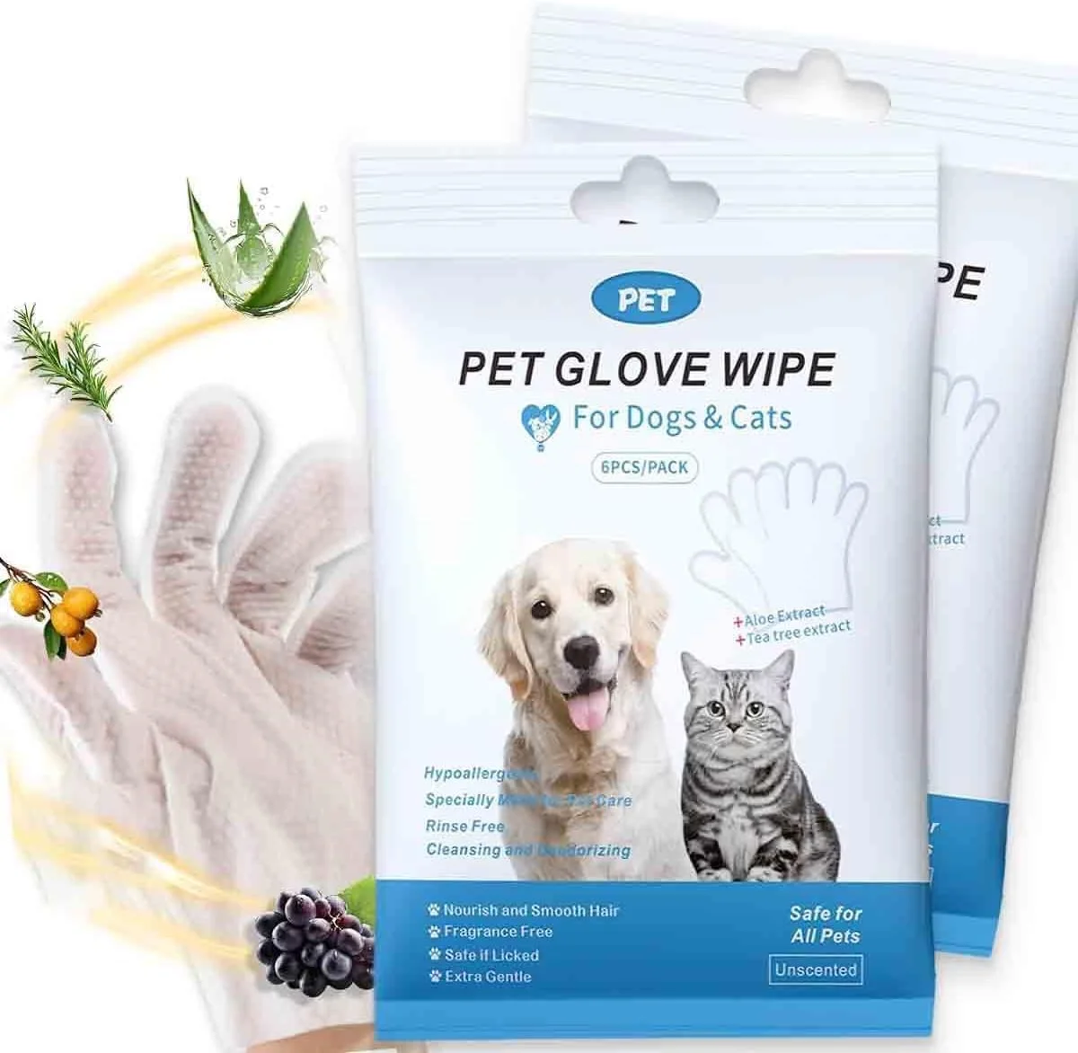 دستمال مرطوب دستکشی حیوانات خانگی YUHUF، بسته 2 عددی، دستکش های نظافت تمیز کننده و خوشبو کننده، دستمال مرطوب سگ برای نظافت روزانه شخصی، دستمال مرطوب نظافت حیوانات خانگی برای گربه ها، بدون بو و عطر