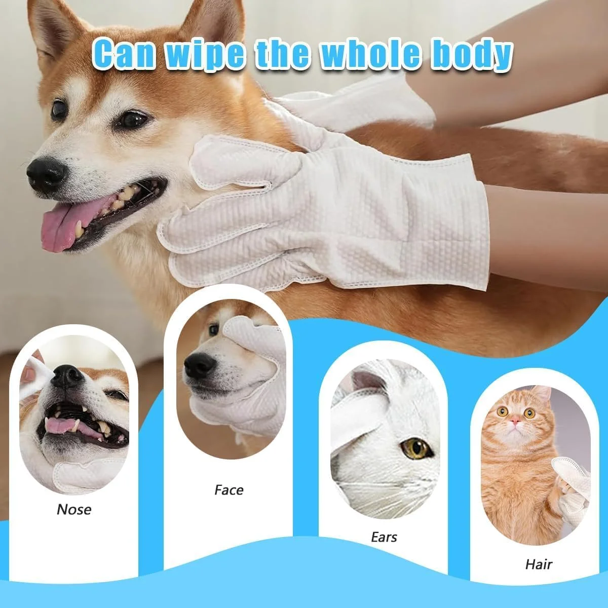 دستمال مرطوب دستکشی حیوانات خانگی YUHUF، بسته 2 عددی، دستکش های نظافت تمیز کننده و خوشبو کننده، دستمال مرطوب سگ برای نظافت روزانه شخصی، دستمال مرطوب نظافت حیوانات خانگی برای گربه ها، بدون بو و عطر