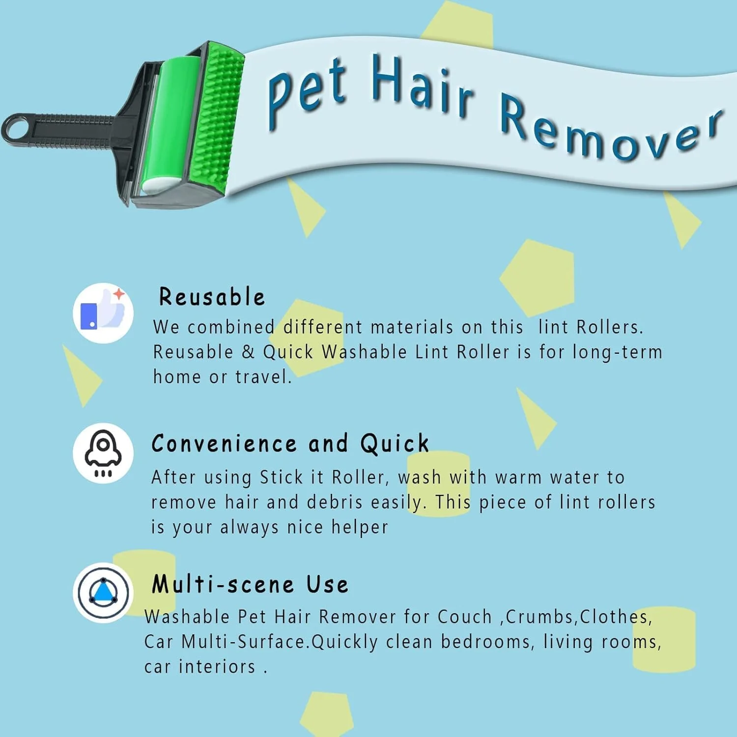 غلتک پرزگیر چندبار مصرف YHRY، غلتک چسبنده موی حیوانات خانگی قابل شستشو، ابزار تمیز کننده موی خانگی برای مبل، تمیز کردن کارآمد، بلند کننده موی حیوانات خانگی برای خرده های مبل، لباس، ماشین و سطوح مختلف