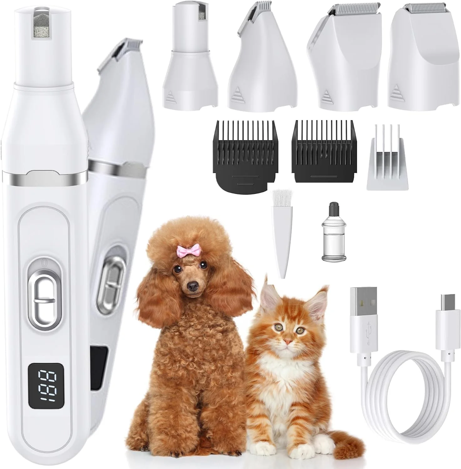 ماشین اصلاح برقی حیوانات خانگی XAOSU مدل 4 در 1، کیت پیرایش سگ بی سیم با نمایشگر LED، سوهان ناخن شارژی برای نژادهای کوچک و متوسط، ماشین اصلاح کم صدا برای مو، صورت و پنجه