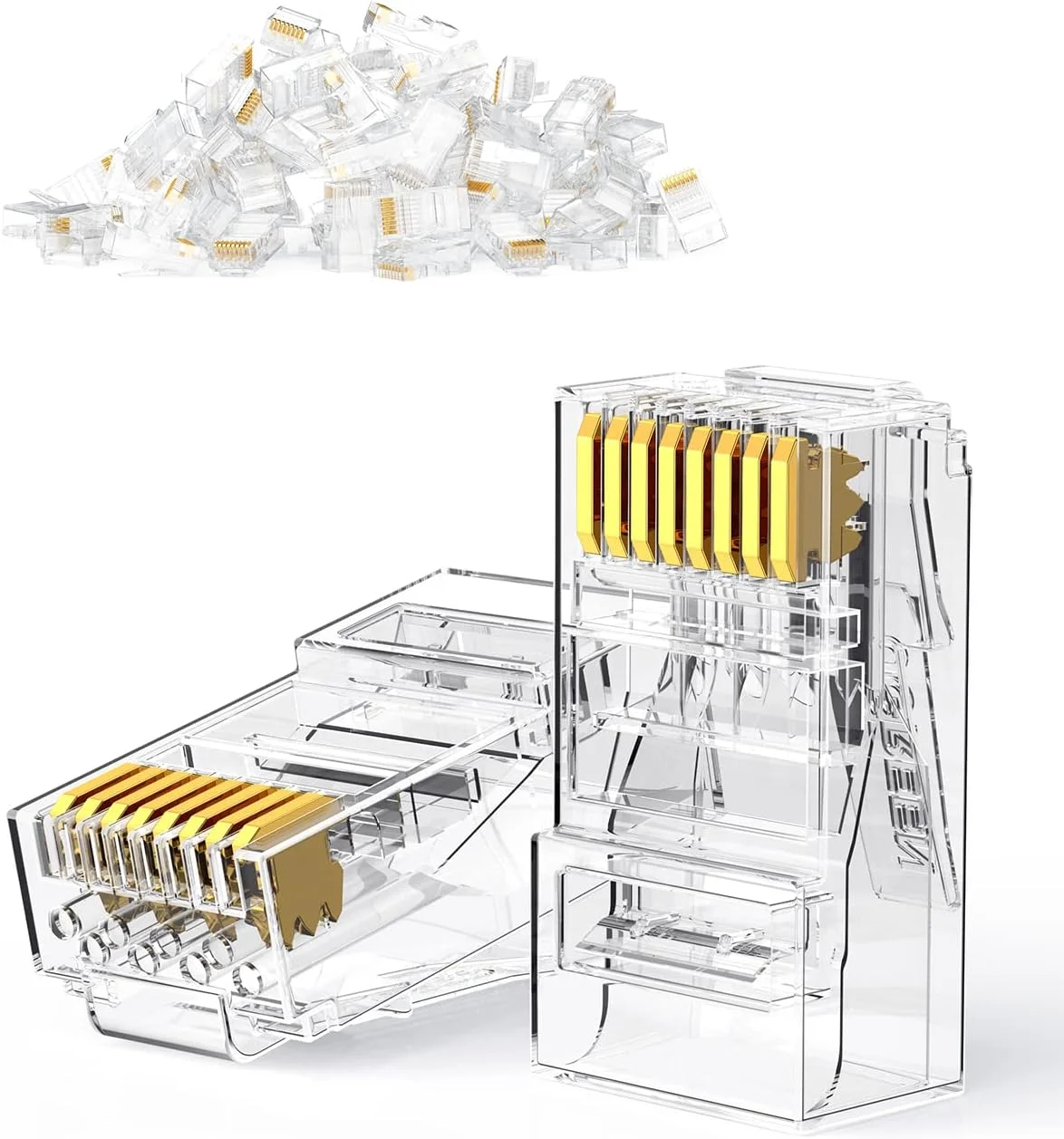اتصال‌دهنده RJ45 UGREEN Cat6، بسته 50 عددی، پلاگ غیر عبوری RJ45، اتصال‌دهنده کریمپ کابل اترنت، اتصال‌دهنده کریمپ بدون شیلد کریستالی، پلاگ شبکه با روکش طلا برای سیم مفتولی و کابل استاندارد