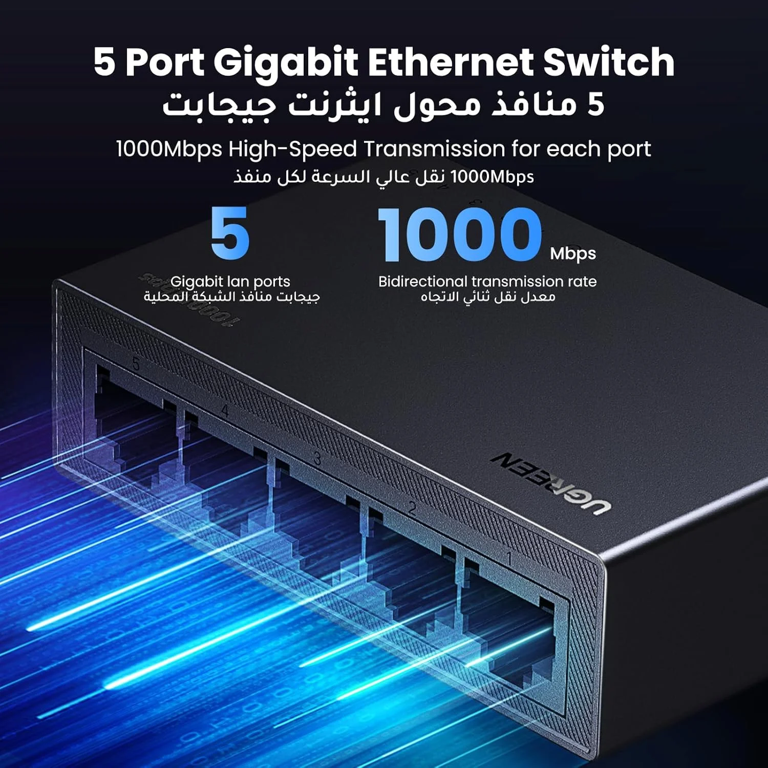 اسپلیتر شبکه دسکتاپ گیگابیتی 5 پورت UGREEN، با 5 پورت RJ45 با پشتیبانی از 10/100/1000 مگابیت بر ثانیه، آداپتور اترنت غیر مدیریتی Plug and Play، سازگار با روتر، تلویزیون، کنسول بازی، کامپیوتر