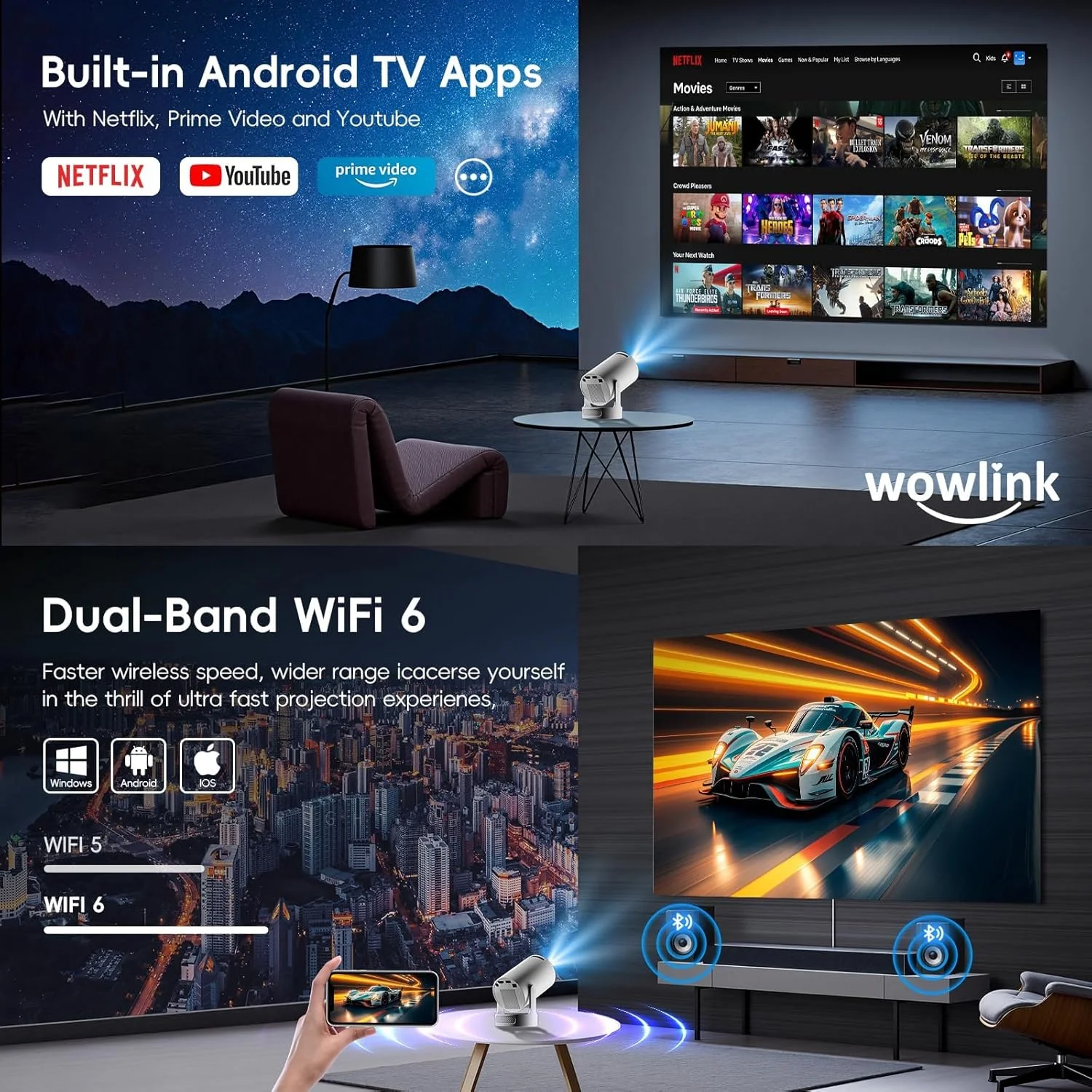 مینی پروژکتور با برنامه های داخلی و ارتقا یافته 2025، با پشتیبانی از WiFi 6 و بلوتوث 5.4، پشتیبانی از 4K 1080P، تصحیح خودکار کیستون، پروژکتور قابل چرخش 180 درجه، قابل حمل، سازگار با HDMI/TV Stick/Memory Stick/Laptop، سفید