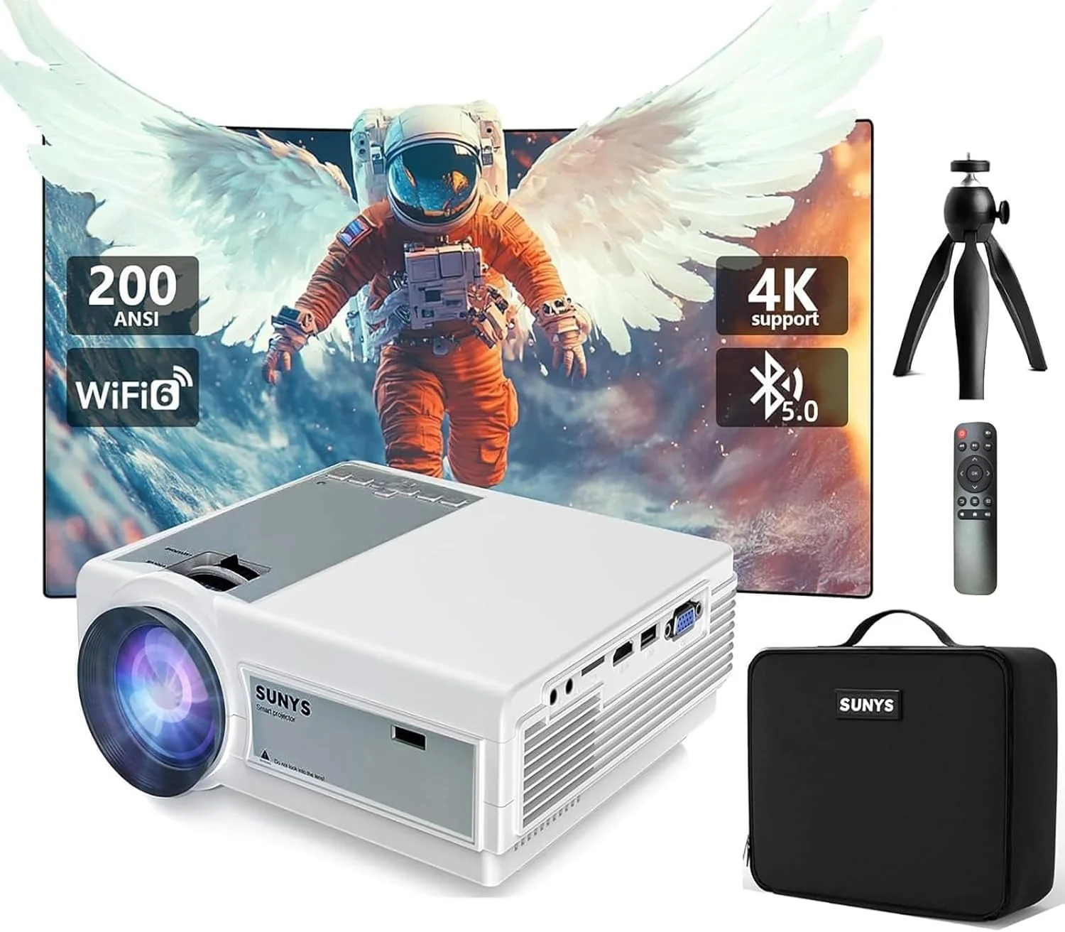 پروژکتور وای فای 5G Sunys با سیستم عامل اندروید، پروژکتور HD 1080P واقعی 12000 لومن، پروژکتور تلفن برای IOS و اندروید، سازگار با کیف قابل حمل و سه پایه، پشتیبانی از HDMI/USB/PC/TV Stick/Switch، سفید