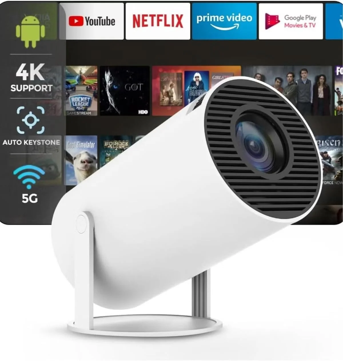 پروژکتور هوشمند قابل حمل SUKILO | کیفیت 4K/1080 Full HD با نمایشگر 130 اینچی | دارای سیستم عامل اندروید و بلندگوی داخلی، فوکوس خودکار، اتصال HDMI/USB، طراحی جمع و جور برای سینمای خانگی داخلی و خارجی