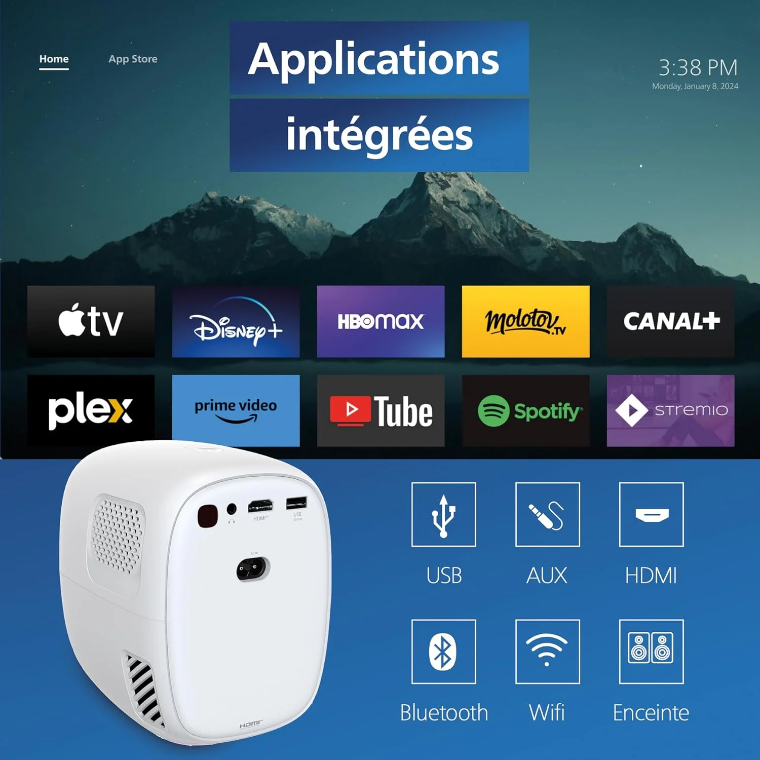 پروژکتور ویدئویی سینمای خانگی فیلیپس NeoPix 130، تصحیح پیشرفته تصویر، Full HD 720p، منبع نور LED پیشرفته، حالت آینه Wi-Fi، صدای استریو، سیستم عامل متصل، سفید پروژکتور ویدئویی سینمای خانگی فیلیپس NeoPix 130، تصحیح پیشرفته تصویر، Full HD 720p، منبع نور LED پیشرفته، حالت آینه Wi-Fi، صدای استریو، سیستم عامل متصل، سفید