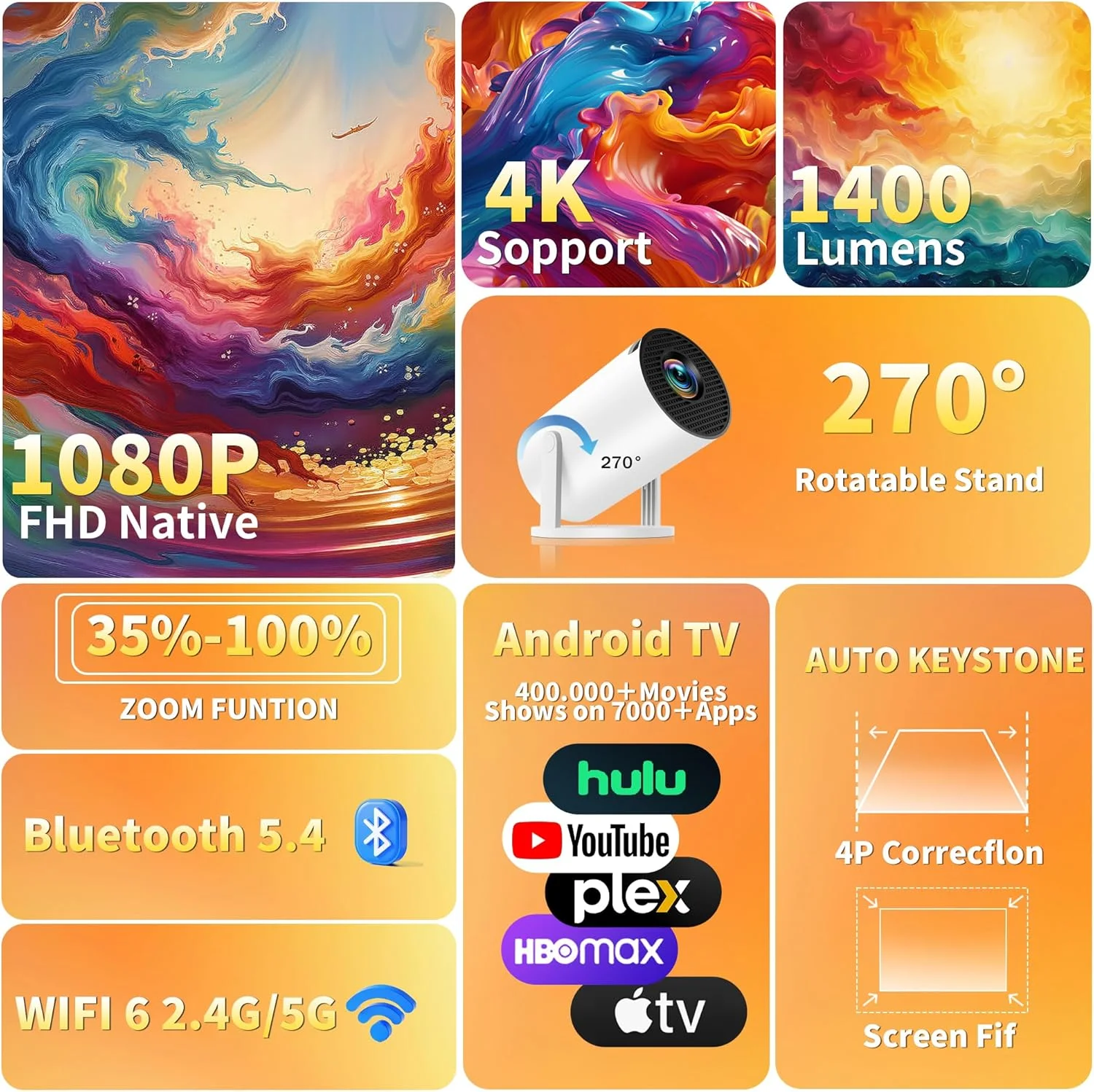 مینی پروژکتور با برنامه های داخلی و ارتقا یافته 2025، دارای WiFi 6 و بلوتوث 5.4، پشتیبانی از 4K 1080P، تصحیح خودکار کیستون، پروژکتور قابل چرخش 270 درجه، قابل حمل و سازگار با HDMI/TV Stick/Memory Stick - سفید مینی پروژکتور با برنامه های داخلی و ارتقا یافته 2025، دارای WiFi 6 و بلوتوث 5.4، پشتیبانی از 4K 1080P، تصحیح خودکار کیستون، پروژکتور قابل چرخش 270 درجه، قابل حمل و سازگار با HDMI/TV Stick/Memory Stick - سفید