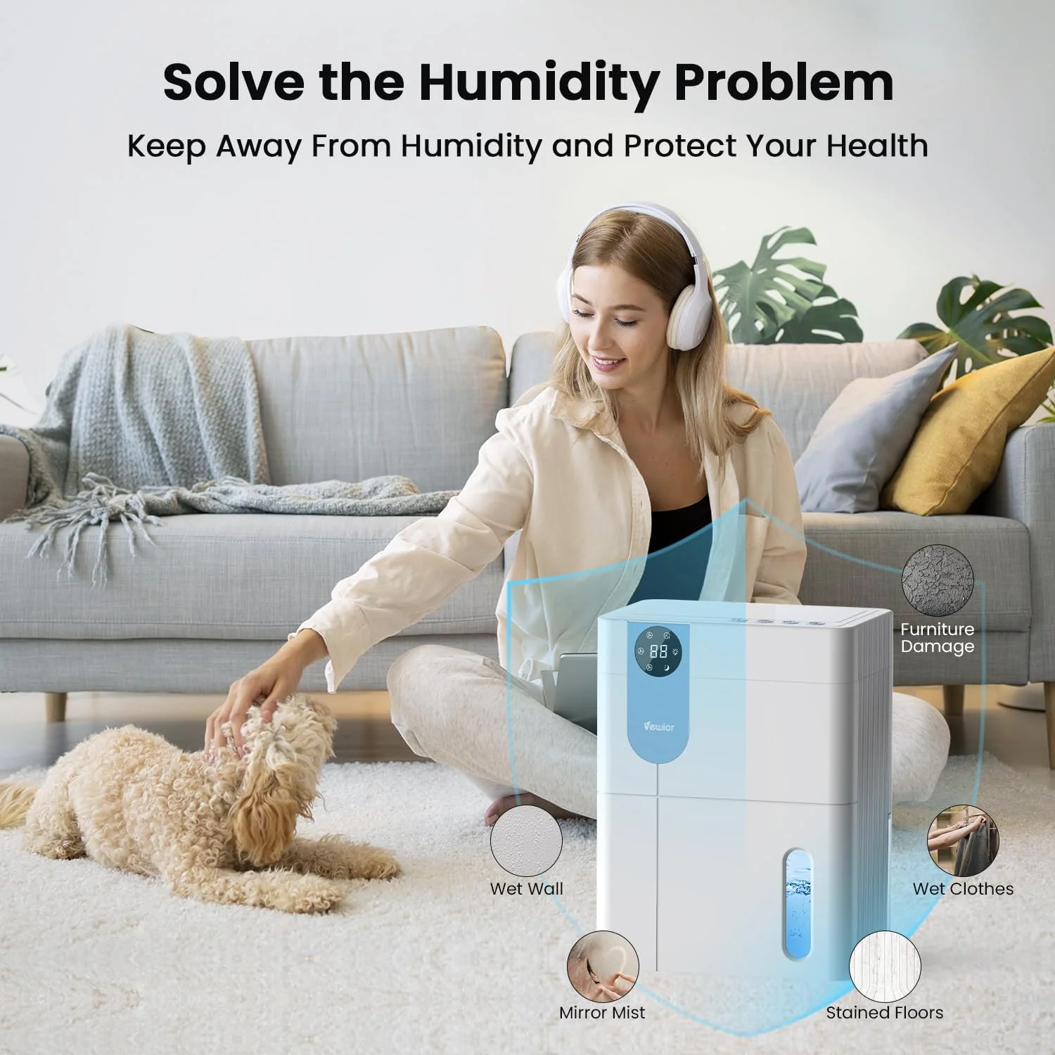 رطوبت گیر VEWIOR، رطوبت گیر 4.5 لیتری برای خانه، رطوبت گیر بی صدا برای زیرزمین با مخزن آب بزرگ، رطوبت گیر برای حمام، اتاق خواب، RV، کمد با خاموش شدن خودکار و چراغ شب