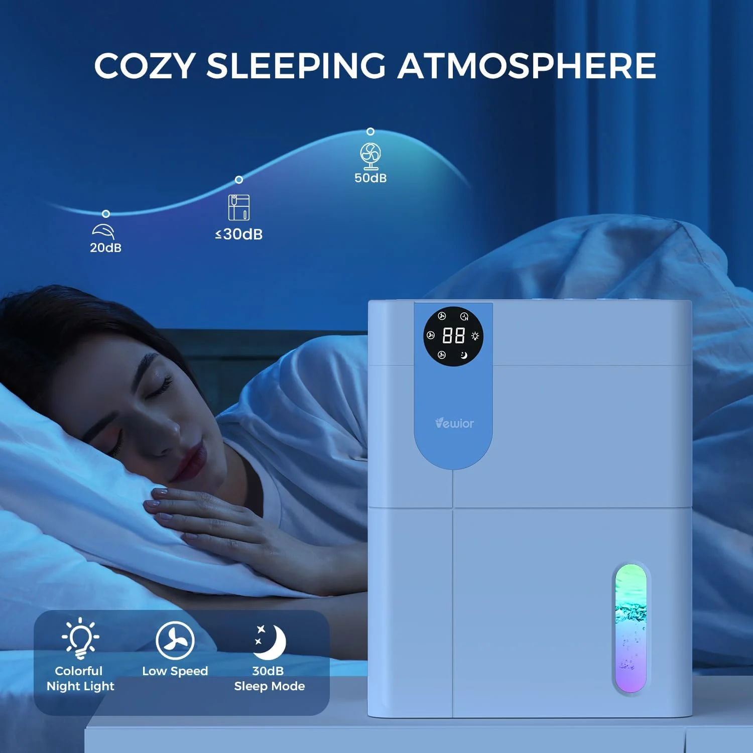 رطوبت گیر VEWIOR، رطوبت گیر 4.5 لیتری برای خانه، رطوبت گیر بی صدا برای زیرزمین با مخزن آب بزرگ، رطوبت گیر برای حمام، اتاق خواب، RV، کمد با خاموش شدن خودکار و چراغ شب