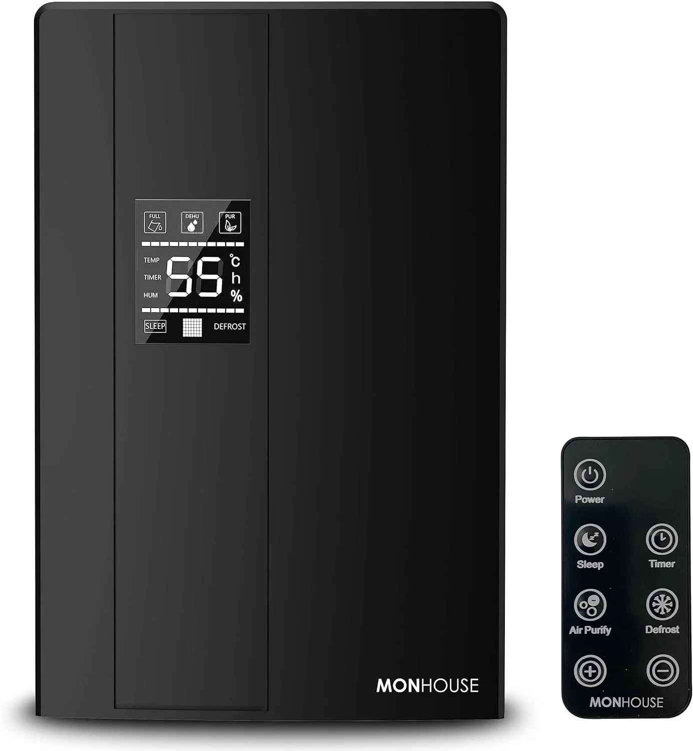 دستگاه رطوبت گیر خانگی پریمیوم MONHOUSE - مخزن 2200 میلی لیتری - دارای کنترل از راه دور، حالت خواب و یخ زدایی، نمایشگر LED، تایمر 24 ساعته و خاموش شدن خودکار هنگام پر شدن مخزن - جاذب رطوبت الکتریکی فوق العاده بی صدا - مشکی