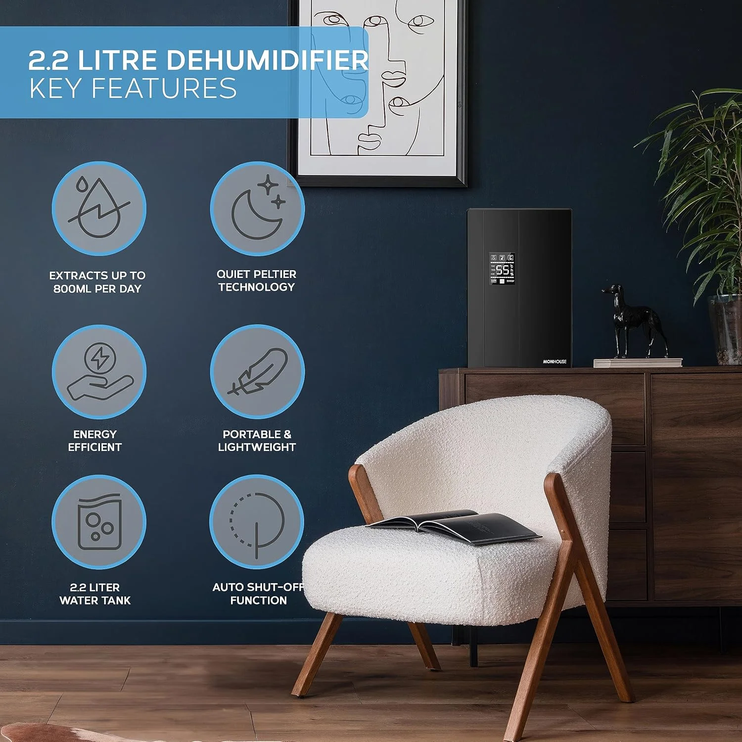 دستگاه رطوبت گیر خانگی پریمیوم MONHOUSE - مخزن 2200 میلی لیتری - دارای کنترل از راه دور، حالت خواب و یخ زدایی، نمایشگر LED، تایمر 24 ساعته و خاموش شدن خودکار هنگام پر شدن مخزن - جاذب رطوبت الکتریکی فوق العاده بی صدا - مشکی دستگاه رطوبت گیر خانگی پریمیوم MONHOUSE - مخزن 2200 میلی لیتری - دارای کنترل از راه دور، حالت خواب و یخ زدایی، نمایشگر LED، تایمر 24 ساعته و خاموش شدن خودکار هنگام پر شدن مخزن - جاذب رطوبت الکتریکی فوق العاده بی صدا - مشکی