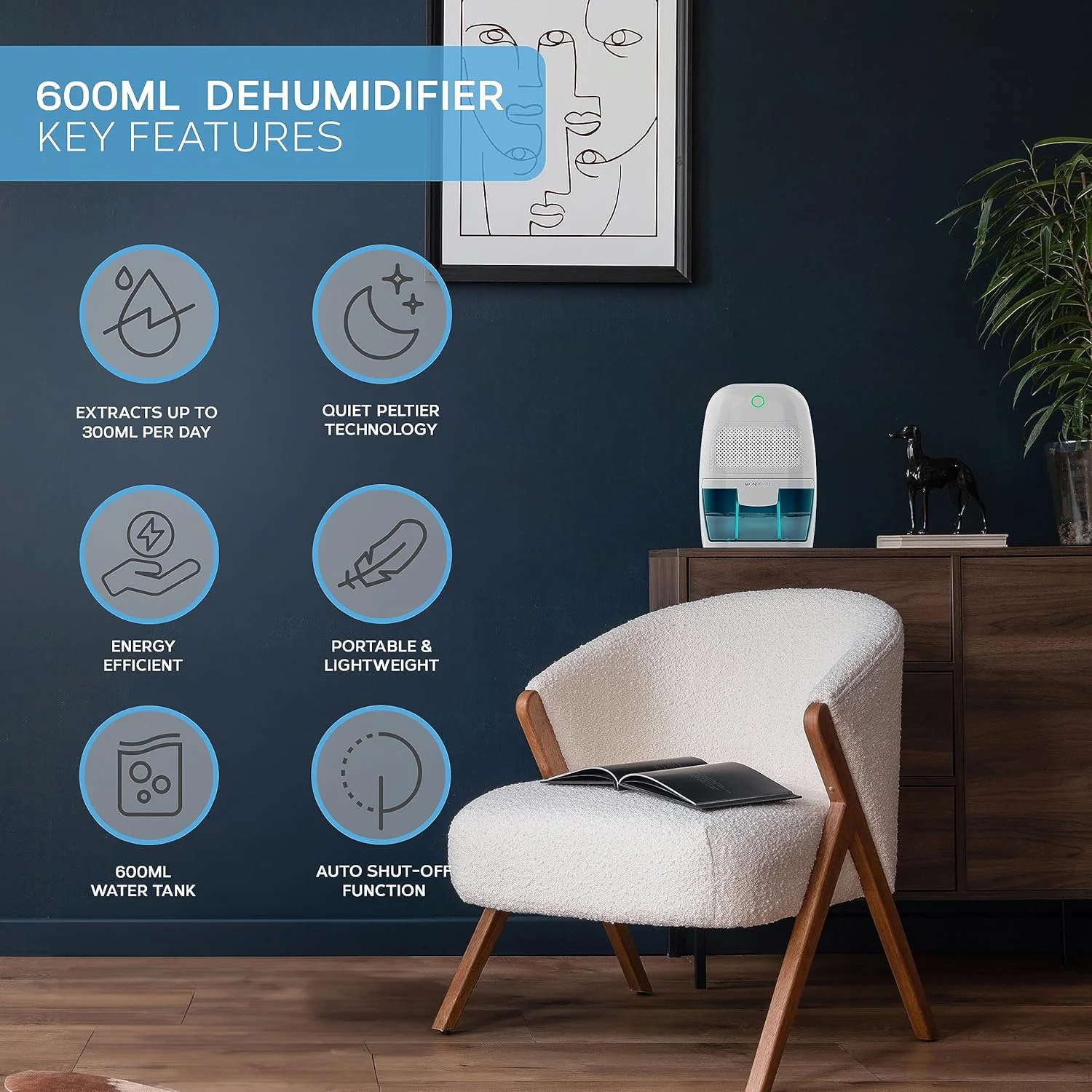 رطوبت گیر قابل حمل 600 میلی لیتری MONHOUSE، جمع و جور و بی صدا - رطوبت گیر کوچک هوا برای خانه، اتاق خواب، رطوبت، ماشین، دفتر، گاراژ، کاروان و زیرزمین - از بین برنده برقی کپک - سفید/آبی رطوبت گیر قابل حمل 600 میلی لیتری MONHOUSE، جمع و جور و بی صدا - رطوبت گیر کوچک هوا برای خانه، اتاق خواب، رطوبت، ماشین، دفتر، گاراژ، کاروان و زیرزمین - از بین برنده برقی کپک - سفید/آبی