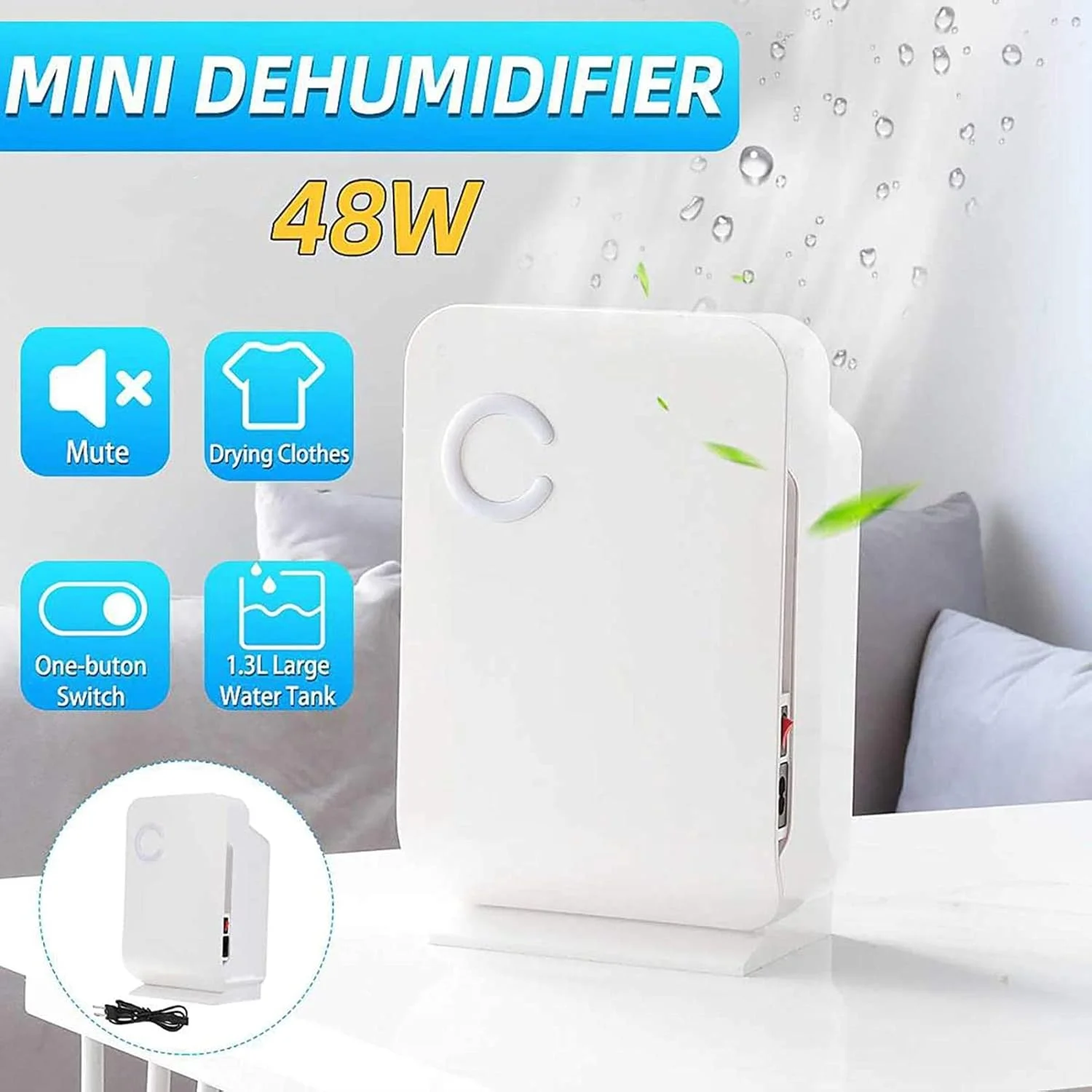 رطوبت گیر 1.3 لیتری MAHWTF، خشک کن هوای کوچک قابل حمل خانگی، جذب کننده رطوبت، کم صدا مناسب اتاق و کمد، دارای دکمه تک لمسی و دستگیره قابل حمل