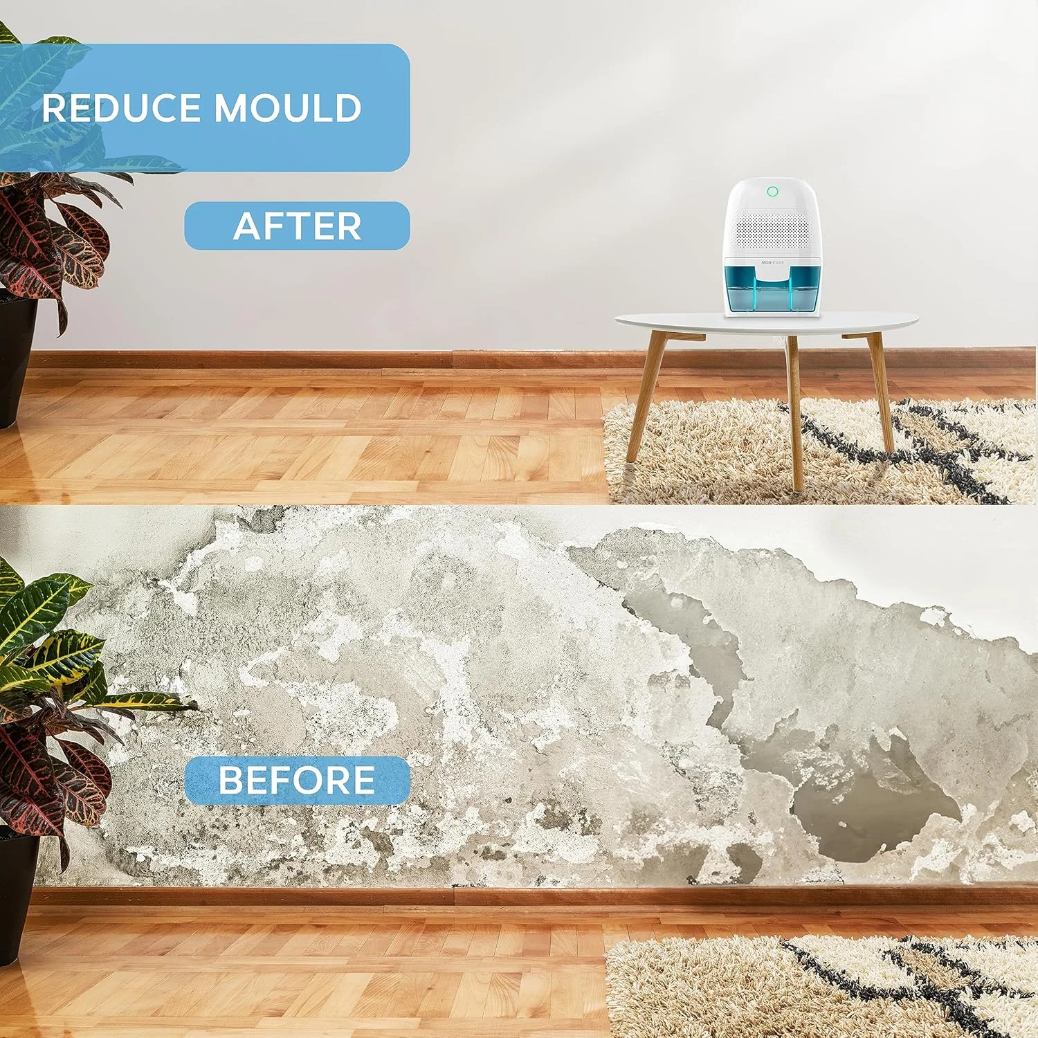 رطوبت گیر قابل حمل 600 میلی لیتری MONHOUSE، جمع و جور و بی صدا - رطوبت گیر کوچک هوا برای خانه، اتاق خواب، رطوبت، ماشین، دفتر، گاراژ، کاروان و زیرزمین - از بین برنده برقی کپک - سفید/آبی رطوبت گیر قابل حمل 600 میلی لیتری MONHOUSE، جمع و جور و بی صدا - رطوبت گیر کوچک هوا برای خانه، اتاق خواب، رطوبت، ماشین، دفتر، گاراژ، کاروان و زیرزمین - از بین برنده برقی کپک - سفید/آبی