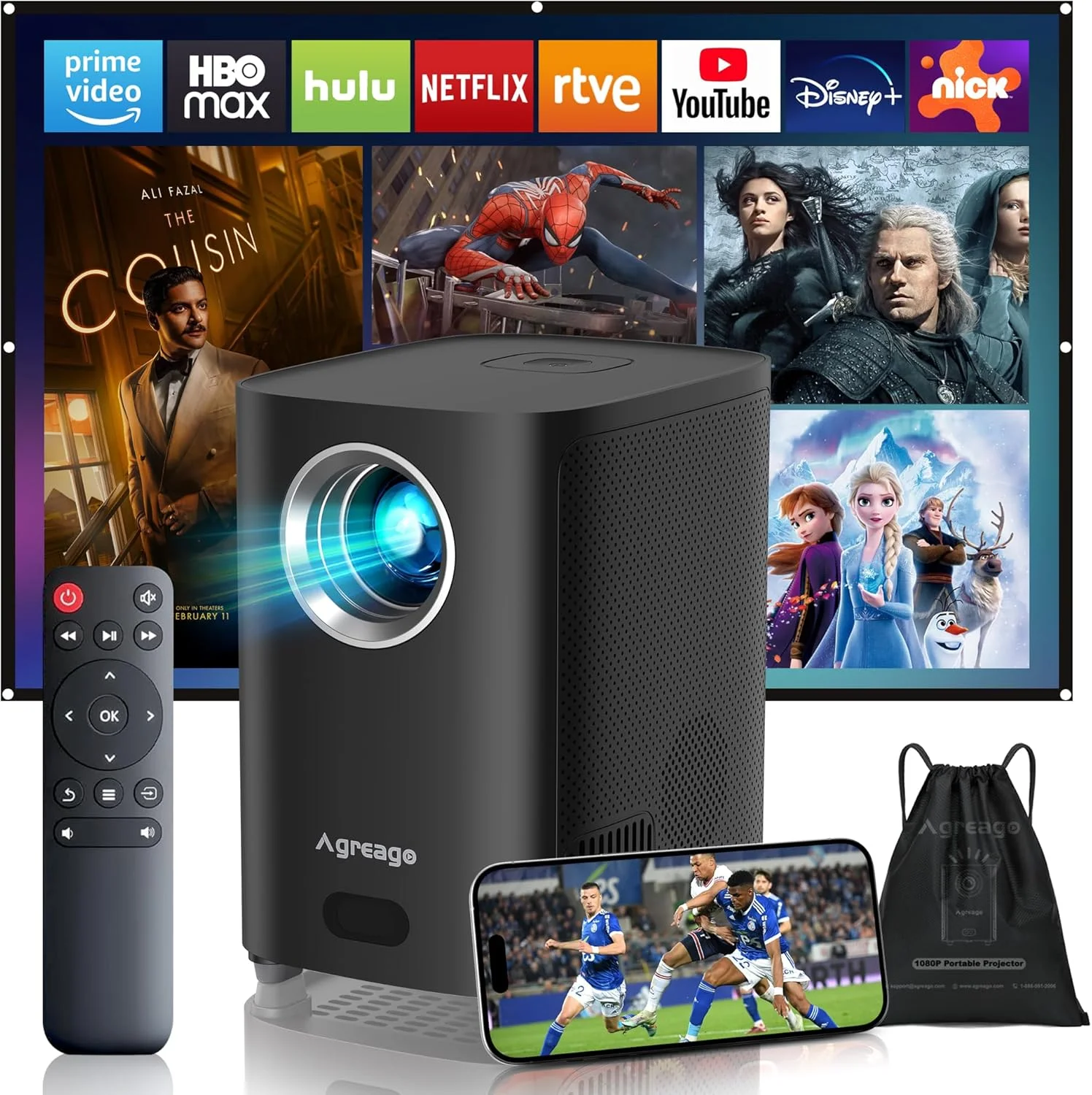 پروژکتور با فوکوس موتوری، دارای وای فای و بلوتوث، رزولوشن اصلی 1080P، روشنایی 15000 لومن، پروژکتور 4K مناسب فضای باز، پروژکتور قابل حمل Agreago، سازگار با iOS، اندروید، لپ تاپ، HDMI، USB، پروژکتور تلویزیون (مشکی)