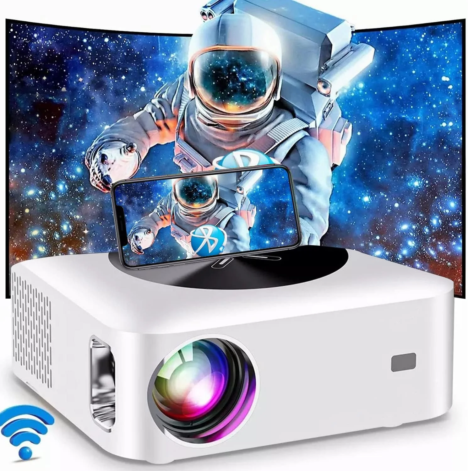 پروژکتور ویدئویی 4K مولور، با وای فای 5G و بلوتوث 5.1، پروژکتور قابل حمل برای فضای باز، 40000 ساعت عمر، پروژکتور هوشمند با نمایشگر 300 اینچی، پروژکتور 450 ANSI HD، پروژکتور تلویزیون سینمای خانگی 1080P UHD (سفید)