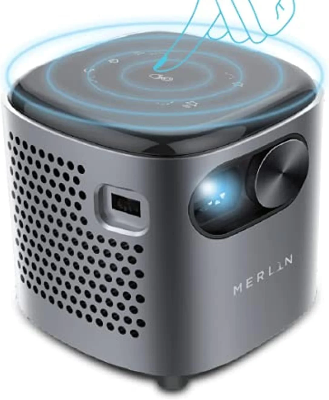 پروژکتور هوشمند مینی کیوب HD مرلین | نمایشگر 240 اینچی، 100 انسی لومن، سیستم عامل اندروید داخلی، نتفلیکس و یوتیوب، کیستون خودکار، باتری 2 ساعته | پروژکتور قابل حمل جیبی برای خانه و مسافرت - خاکستری