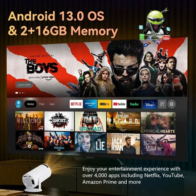 پروژکتور مینی LONAISCI با وای فای و بلوتوث، پروژکتور فیلم با پشتیبانی از 4K 1080P با قابلیت چرخش 180 درجه، صفحه نمایش 130 اینچی، پروژکتور قابل حمل با قابلیت تصحیح خودکار کیستون، سازگار با تلفن های هوشمند، کامپیوتر، دارای اندروید 13.0 داخلی