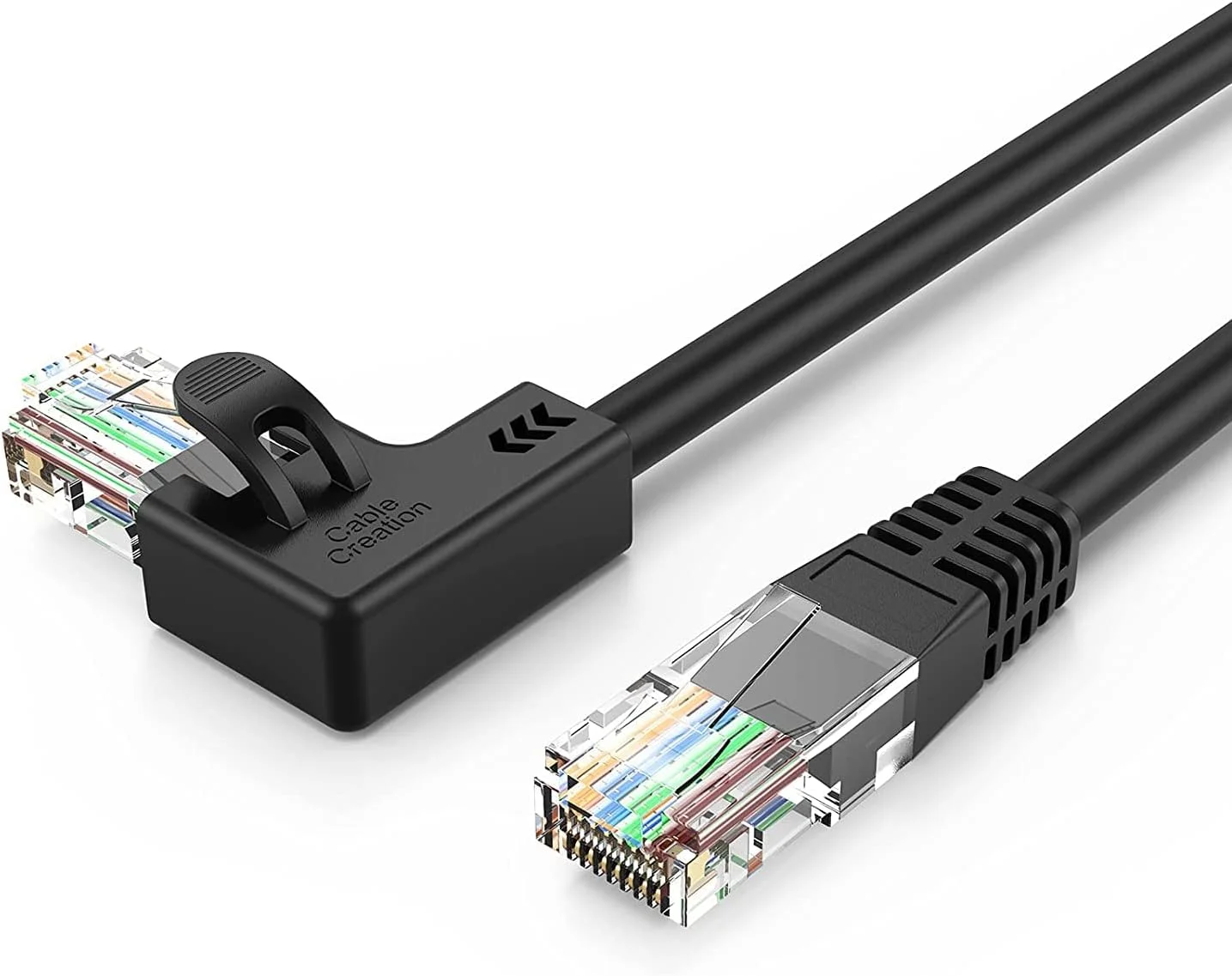 CableCreation Angle CAT6 Ethernet Patch Cable(10 Feet), Right Angled Lan Cable with 50U”Gold Plated Contact, Black Color